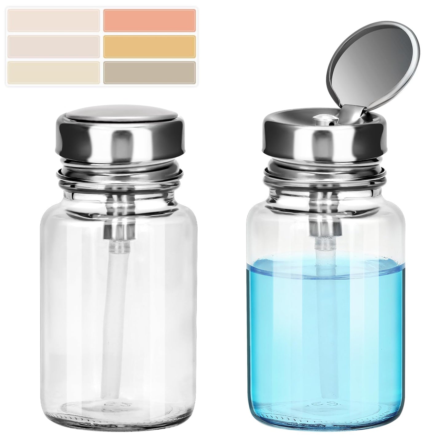 2-Pack 100ml/3.38oz Clear Glass Pump Dispenser Bottle with Metal Flip Top, Nail Polish Remover/Makeup Remover Refillable Press Container, 3.98×1.97 Inch Compact Size for Home, Travel & Salon