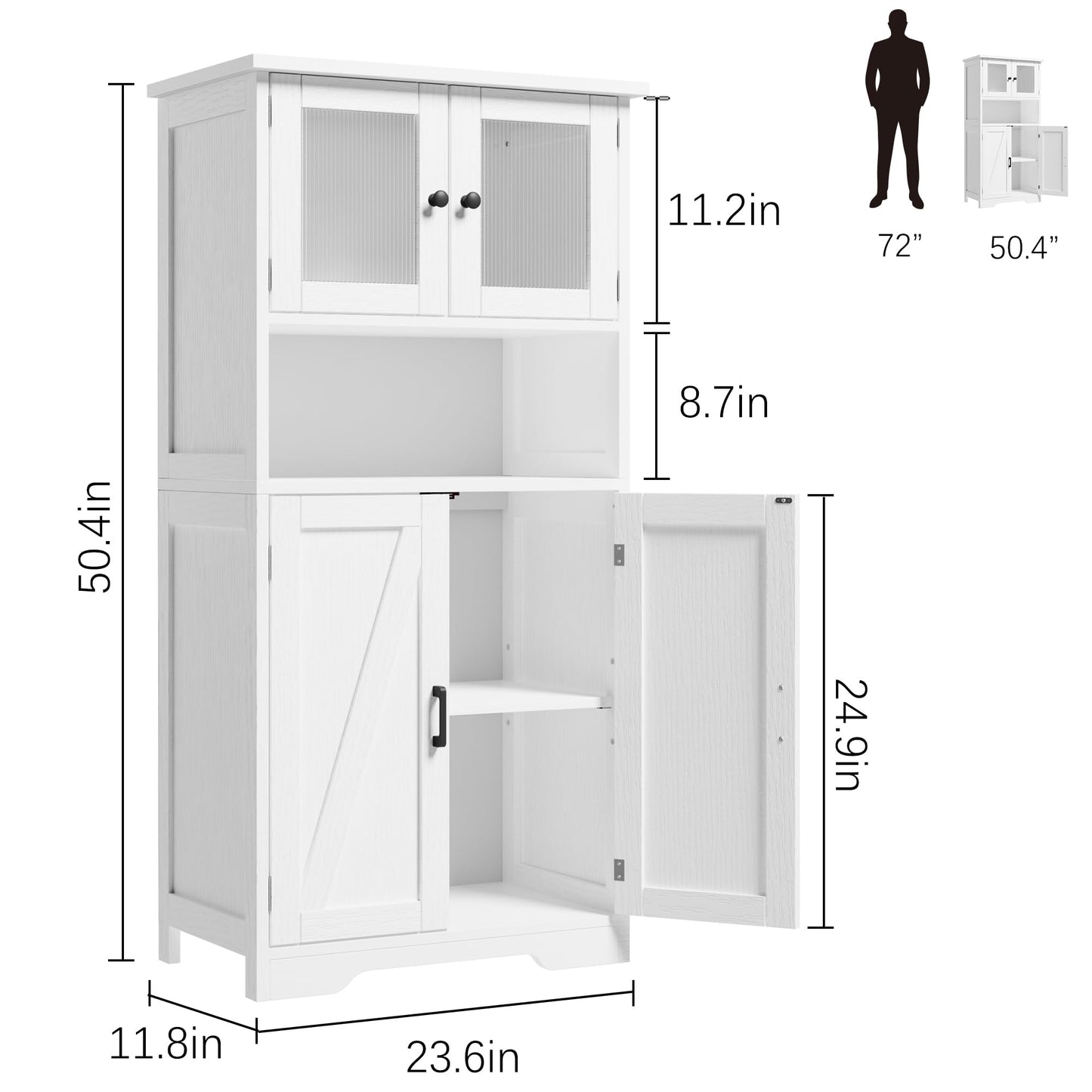 IDEALHOUSE 50" Tall Bathroom Cabinet, Freestanding Bathroom Storage Cabinet with 4 Doors and Adjustable Shelves, Cupboard Modern Storage Cabinet for Kitchen, Pantry, Living Room, White