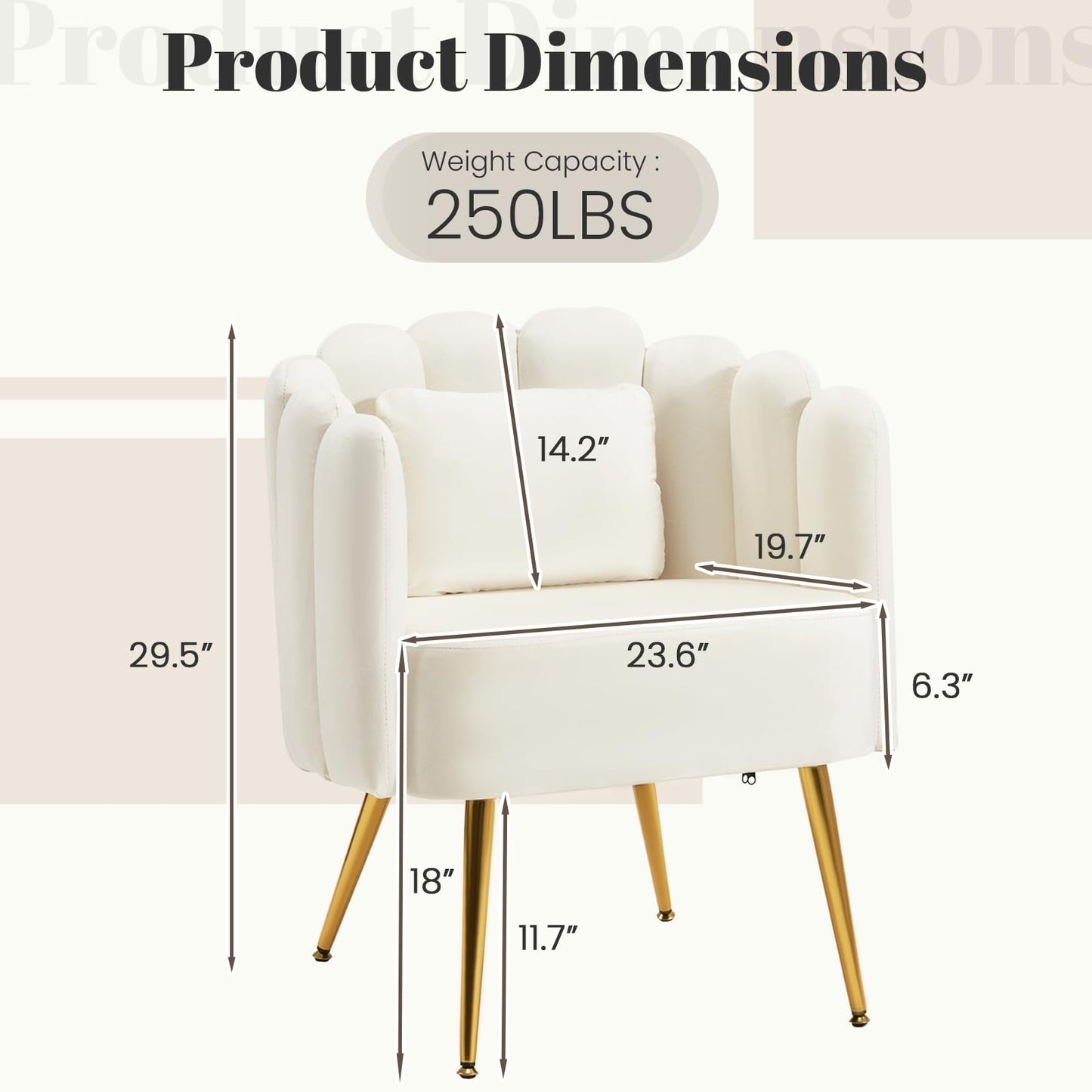 HOMREST Vanity Chair with Back,Velvet Accent Chairs,Petal Backrest Decorative Chair,Removable Pillow & Gold Legs - Plush Lounge Chair for Vanity, Living Room, Bedroom - Beige