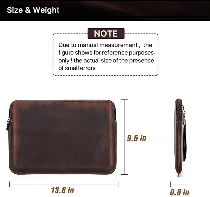 Top Grain Leather 13.3" Slim Laptop Sleeve Case Bag, Vintage Design with 2 Zip Pocket, Handmade, Compatible with MacBook Pro 13.3" MacBook Air 2022 DELL XPS 13" & Other PC, Coffee 13.3 Inch
