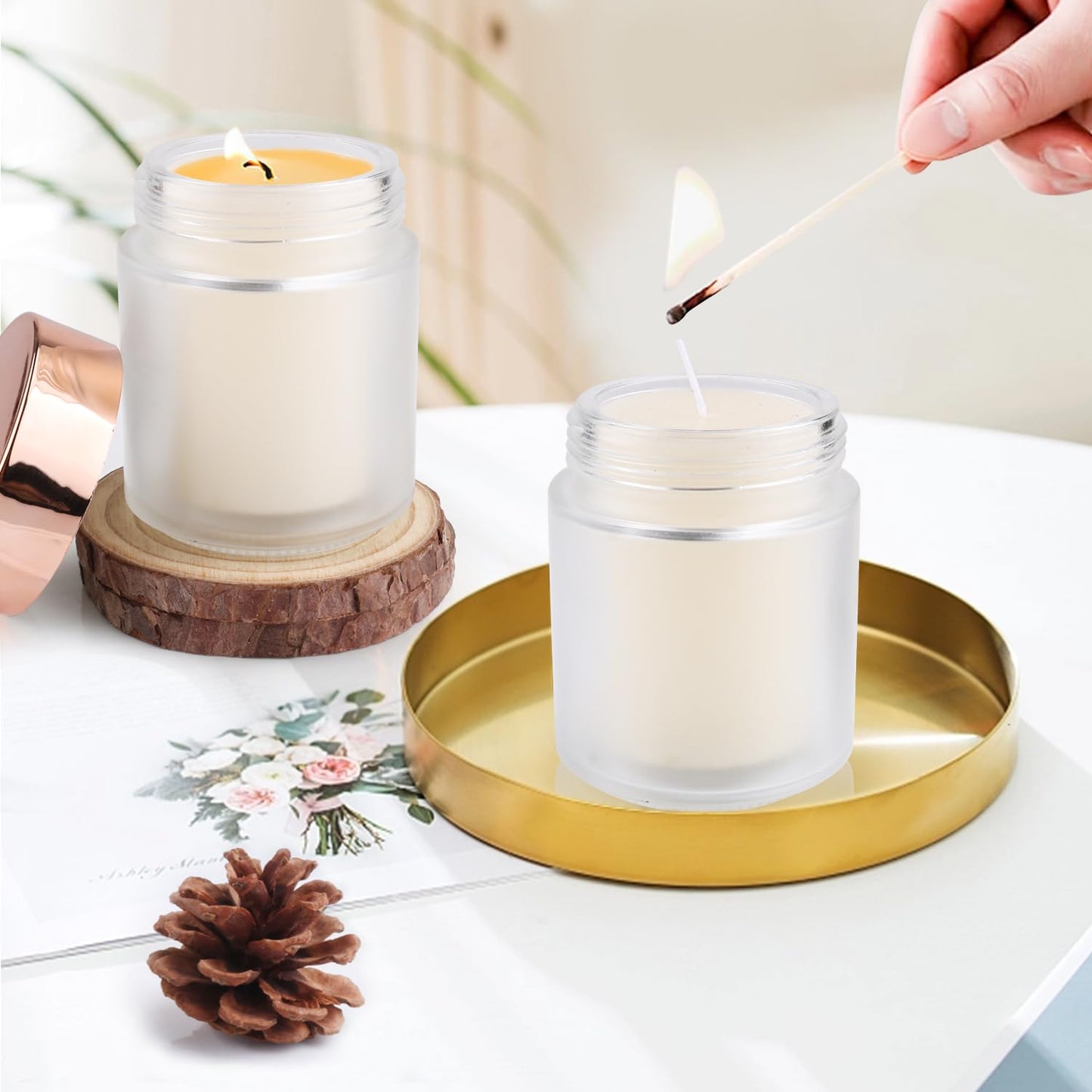 Furnido 6 Pack 8 oz Frosted White Round Glass Jars,Empty Glass Cosmetic Jars with Rose-Golden Lids,Inner Liners for Lotion,Powders,Ointments,Body Butter,Candle Making