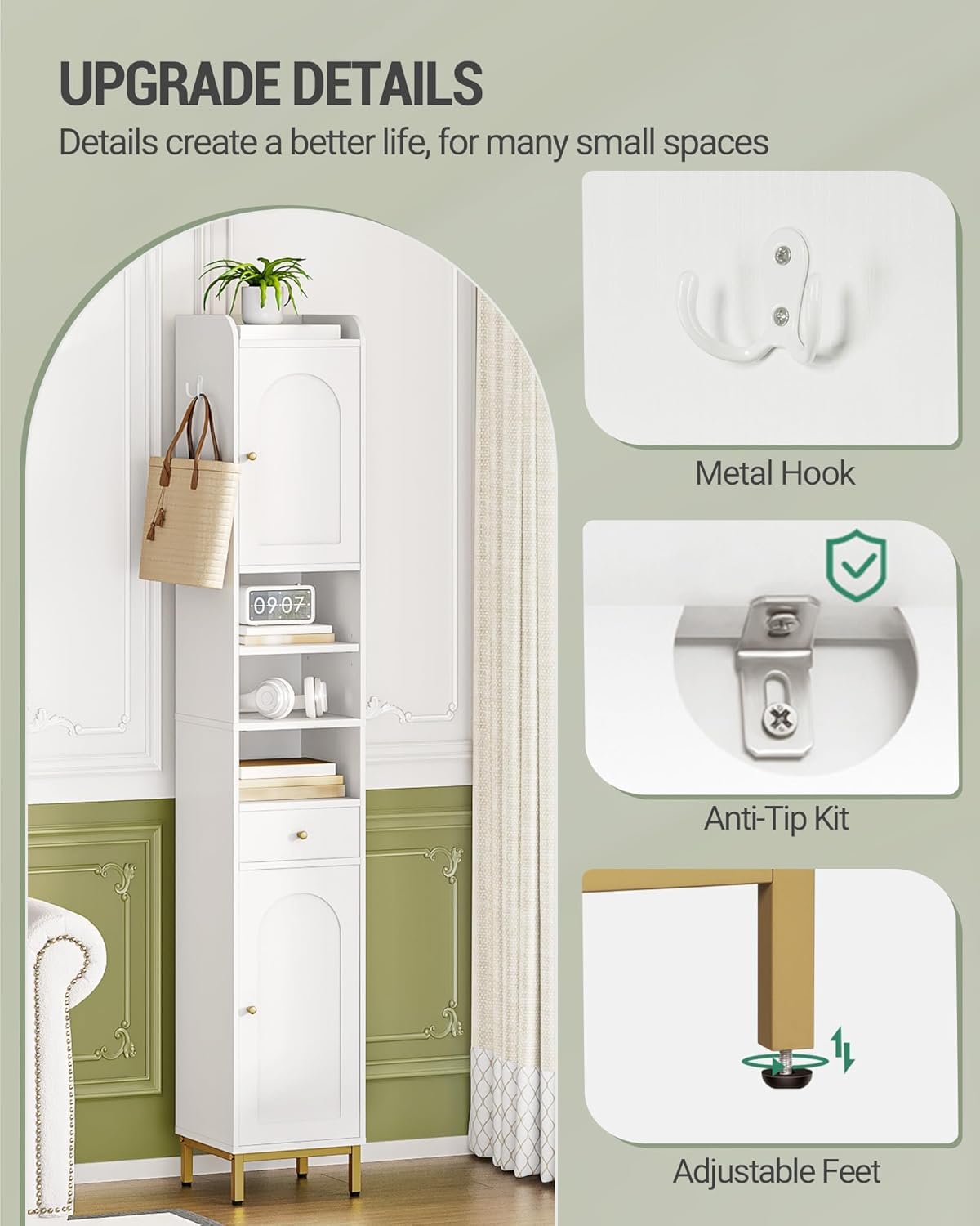 Hzuaneri Bathroom Cabinet with Adjustable Shelves & Door, Freestanding Tall Floor Storage Cabinet with Drawer - Narrow Toilet Paper Organizer for Bathroom, White BC29013G