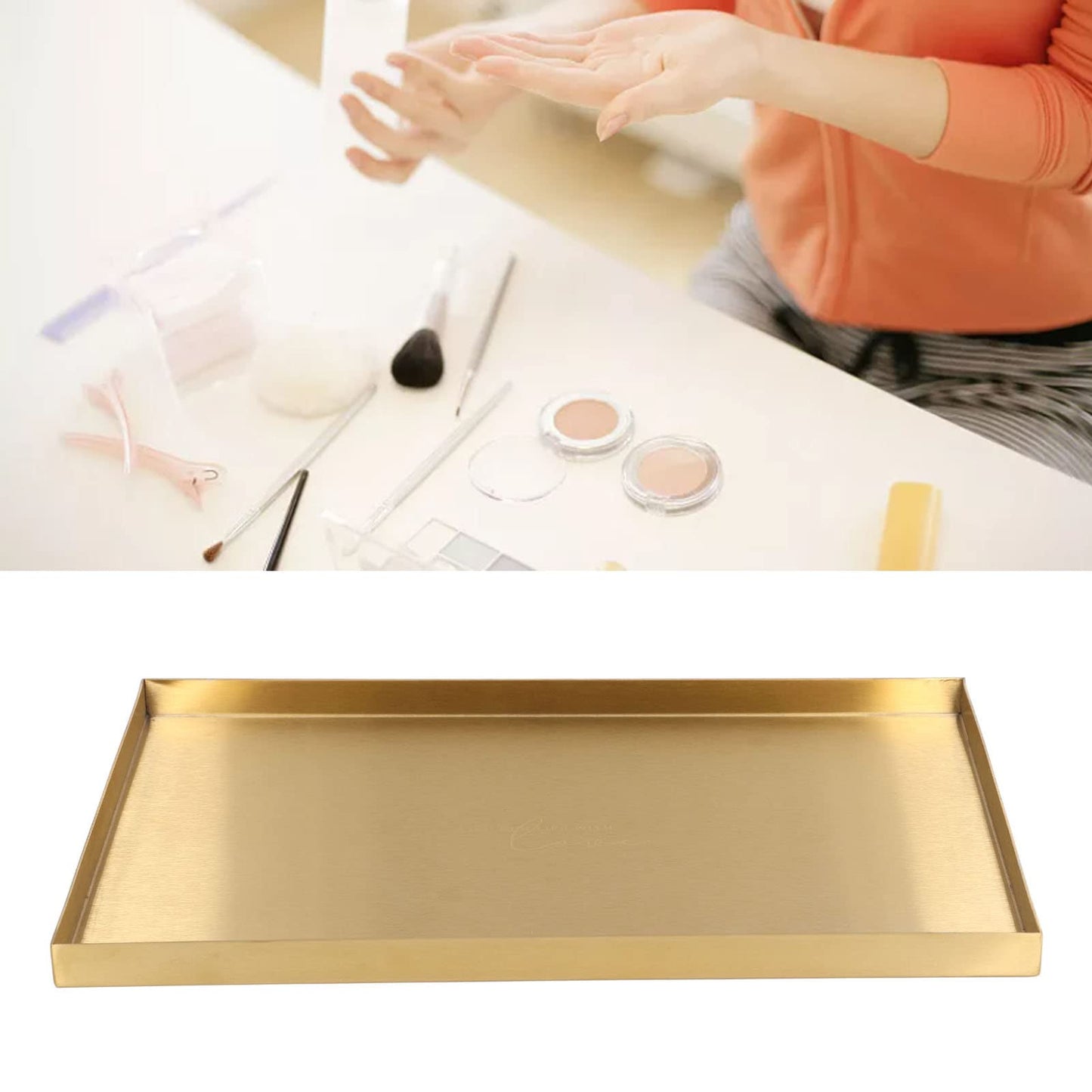 Gold Rectangle Trays, 12x8 inch Stainless Steel Metal Gold Plate Serving Tray Rectangle Decorative Cosmetic Jewelry Display Tray for Living Room, Vanity, Bathroom