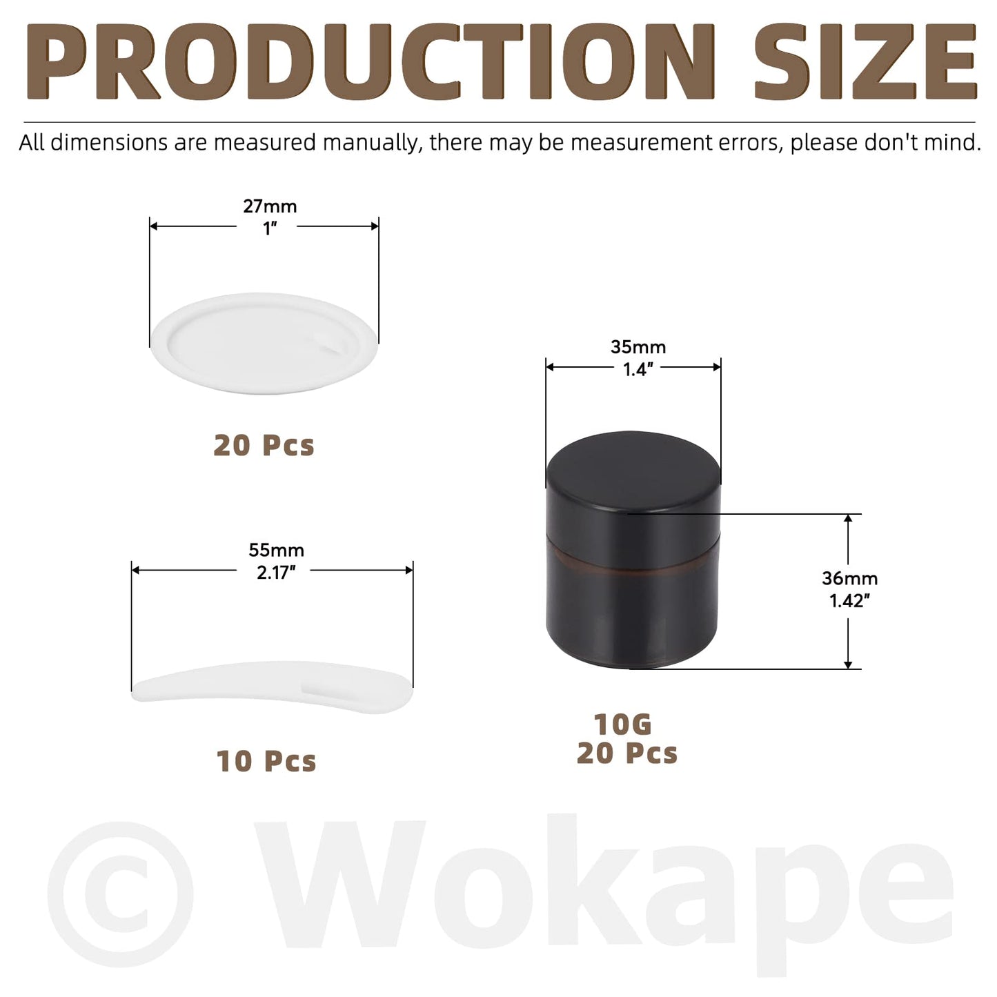 Wokape 20Pcs 10ml Amber Glass Jars with Liner Lids Spatulas, Leak-proof Round Cosmetic Jars for Travel Wear