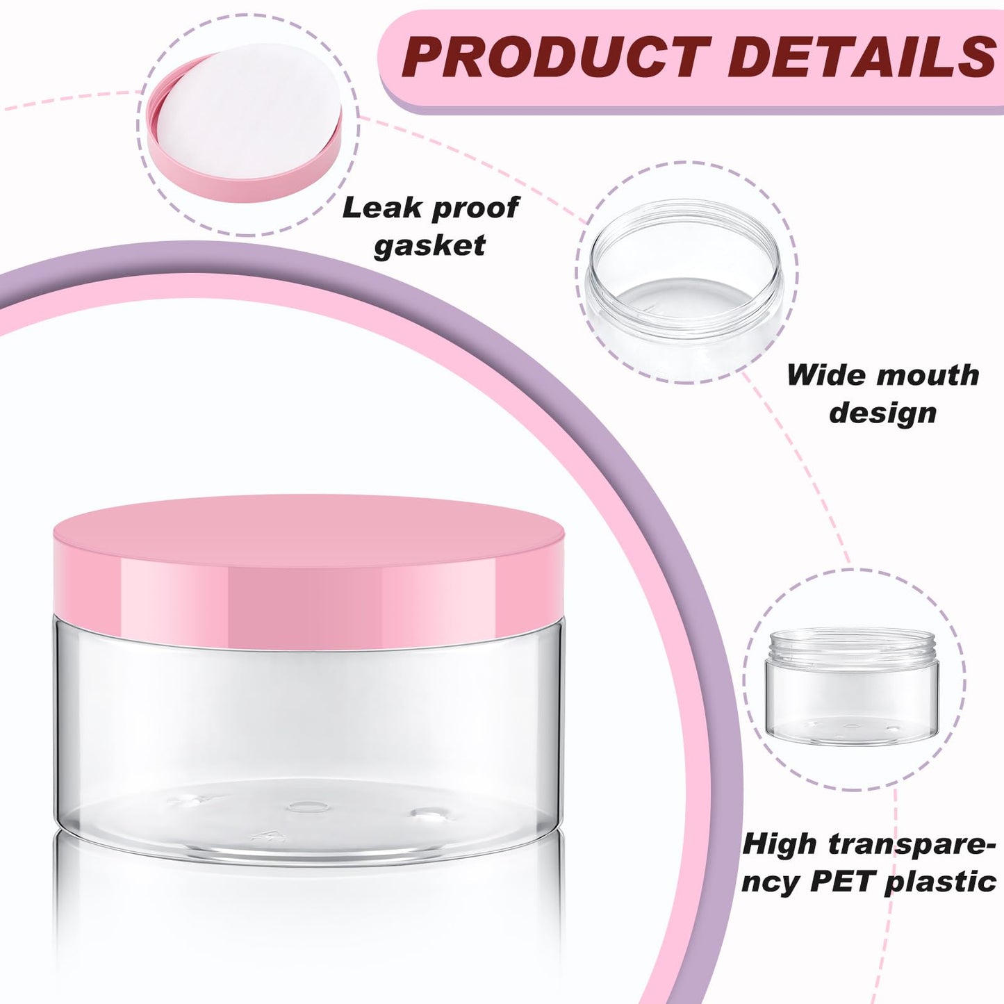 Dandat 24 Pcs 10 oz Plastic Jar Container with Pink Lid and Label Refillable Empty Round Clear PET Cosmetic Sample Slime Containers for Lotion, Cream, Ointments, Body Butter, Makeup, Travel Storage