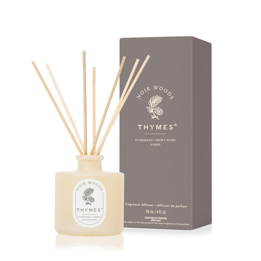 Thymes Petite Oil Reed Diffuser Set – Includes Reeds, Fragrance Oil & Glass Bottle – Luxury Scent Diffusers for Home Decor – Notes of Fresh Evergreen, Smoky Wood & Golden Amber (Noir Woods, 4 fl oz)