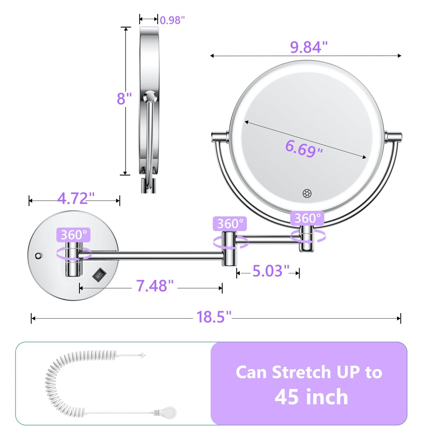 Wall Mounted Makeup Mirror with Lights, 30X/1X Double-Sided Magnifying, Plug-in Lighted Vanity Mirror with 3 Color Modes, Dimmable Brightness, 360° Swivel Extendable Arm for Bathroom & Grooming