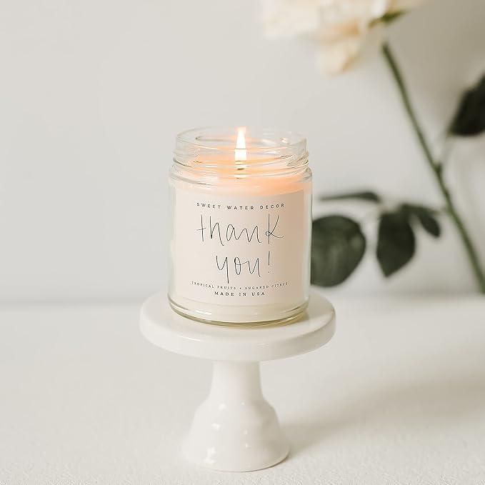 Sweet Water Decor Thank You Candle | Tropical Fruit and Sugared Orange, Summer Scented Soy Wax Candle for Home | 9oz Clear Jar, 40 Hour Burn Time, Made in The USA