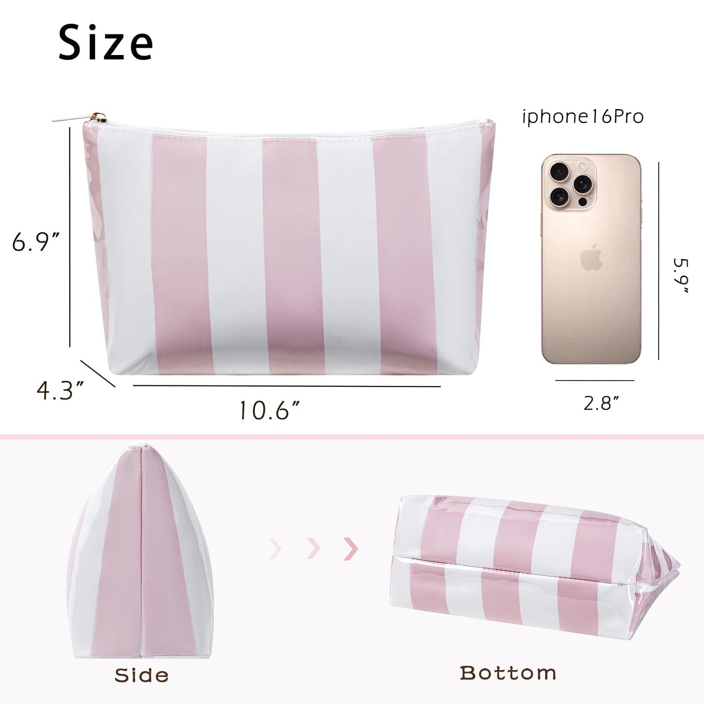 Large PVC Waterproof Striped Makeup Bag,Clear Coated Cosmetic Bags,Easy to Clean,Travel Organizer Zipper Pouch Beach Vacation Essentials for Women Girls(01Pink)
