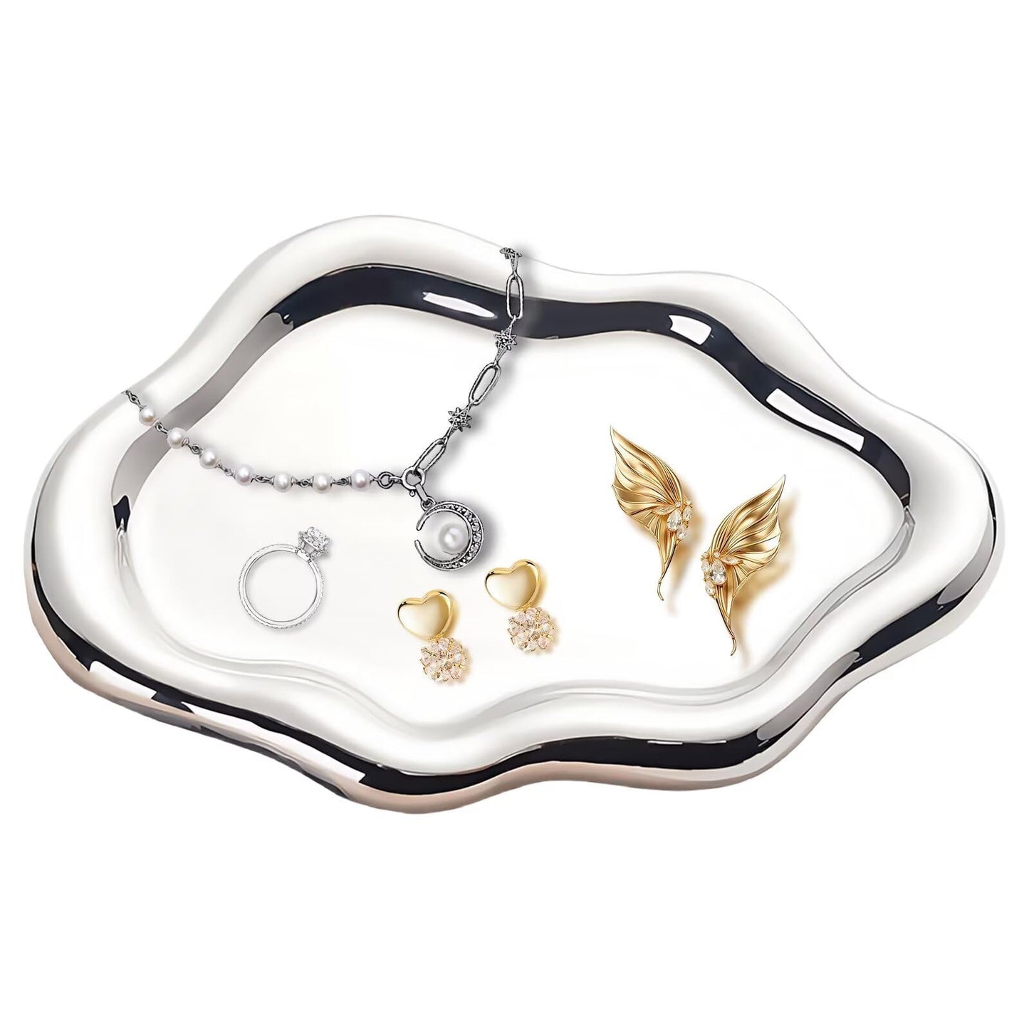 Ceramic Jewelry Dish for Women, Unique Cloud Shaped Trinket Ring Tray, Room Decorative Vanity Tray, Women Gift for Mother's Day, Christmas, Thanksgiving, Birthday, for Plate, Watch, Keys etc(Silver)