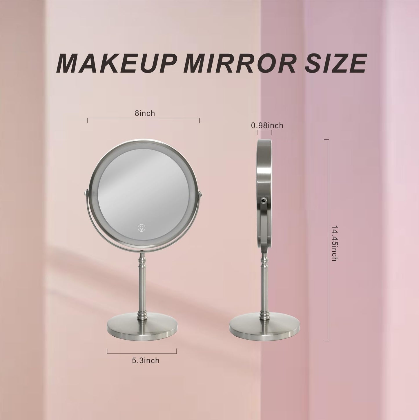 Makeup Mirror with Lights ，8 Inch 1X/10X Rechargeable Double Sided Magnifying, 360° Rotation LED HD Mirror with 3 Colors，Brightness Adjustable, Ideal for Daily Skincare and Professional Makeup