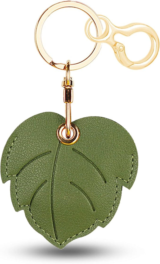 Leather Keychain for Airtag, Cute Protective Keychain Holder Compatible with Apple Air Tag,GPS Item Tracker Case Cover for Keys,Bags,Pets,Luggage(Leaf)
