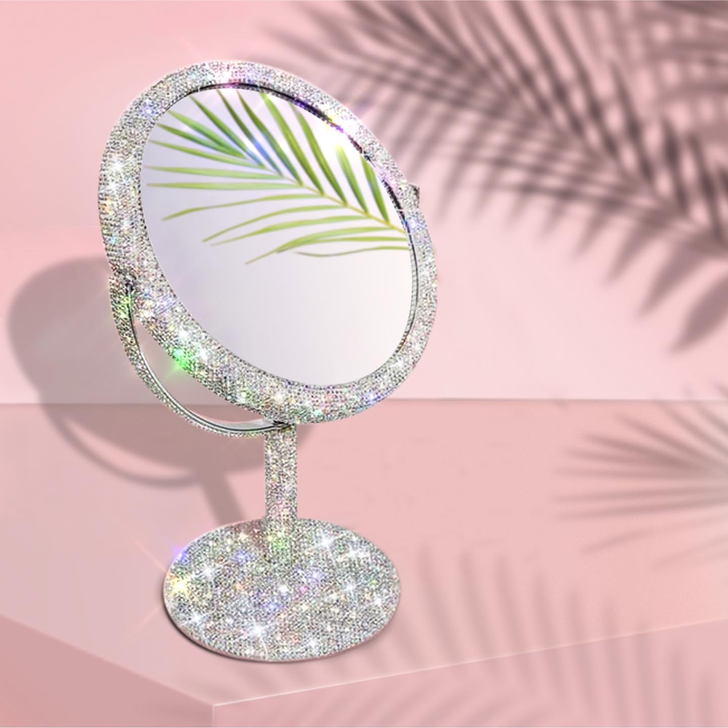 TISHAA Bling Vanity Mirror, Crystal Rhinestone Makeup Mirror, Double Sided with 2X Magnification