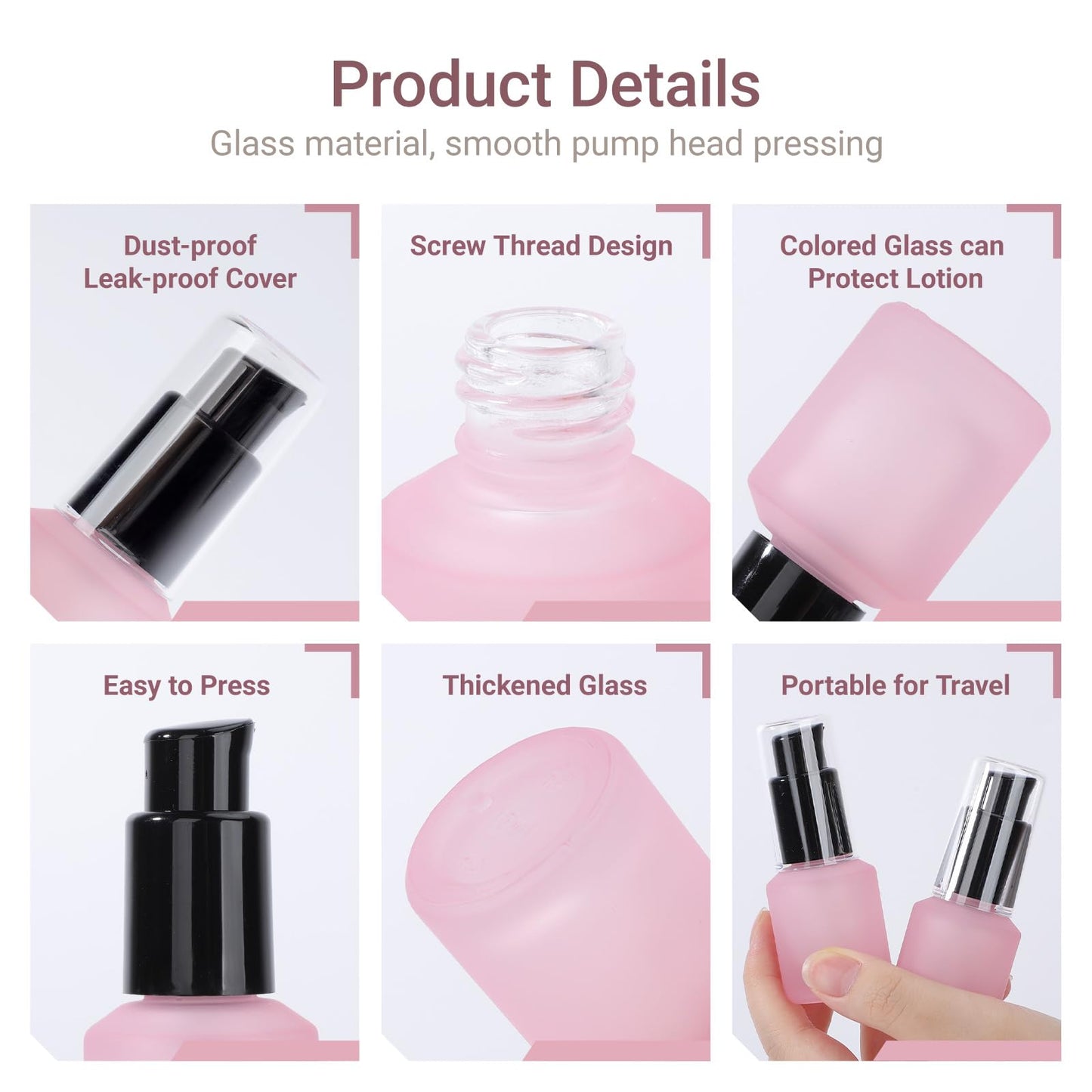Segbeauty 0.5oz Frosted Glass Lotion Pump Bottles, 5pcs Refillable Empty Travel Size Bottles for Lotions, 15ml Pink Glass Small Travel Containers for Creams, Mini Hair Oil Bottle Pump Dispenser