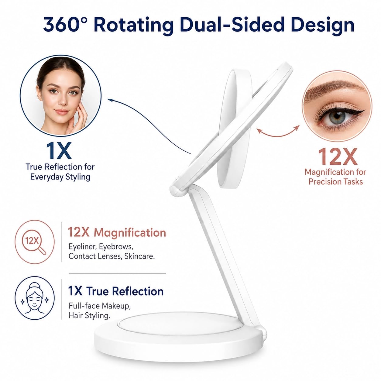 The Brighter Foldaway Vanity Mirror with 12X Magnification, Dual-Sided Rotating Foldable Design, 54 LEDs with 3 Brightness Levels, 14 Inch High Extendable
