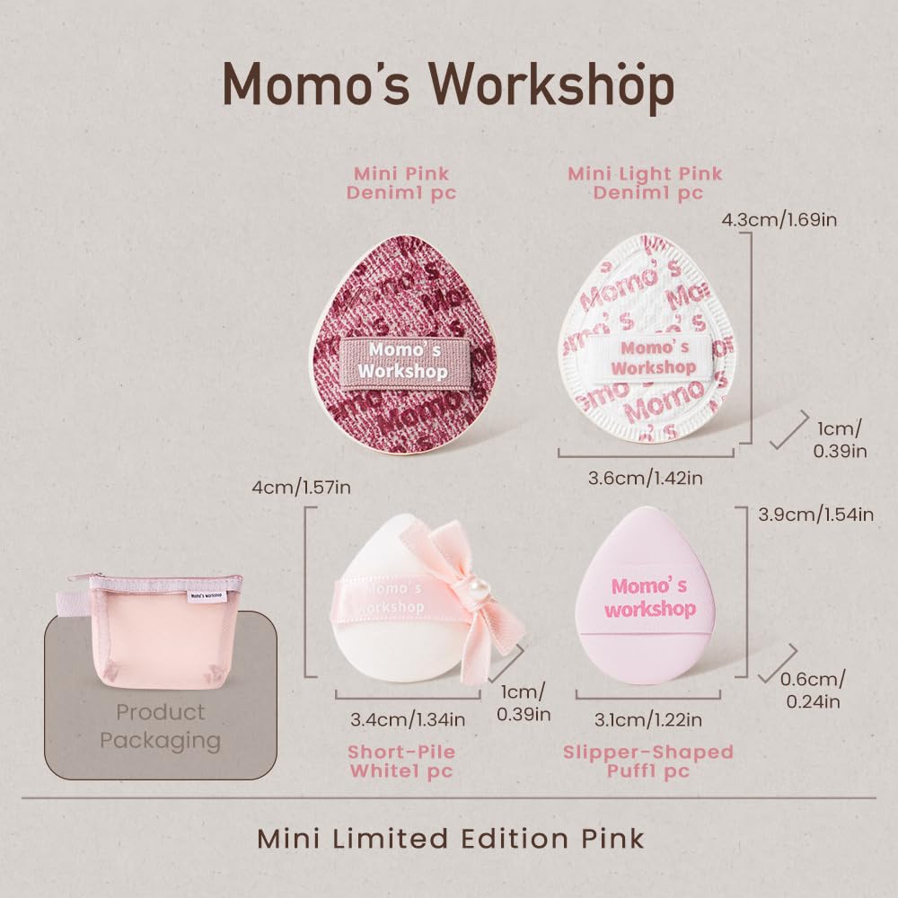 Momo's Workshop Mini Denim Makeup Sponge Set,Mini Makeup Blenders Sponge for Concealer/Blush/Highlighter, Perfect for Detail Work & Travel,4pcs Pink Mini Concealer Puffs with Travel Pouch