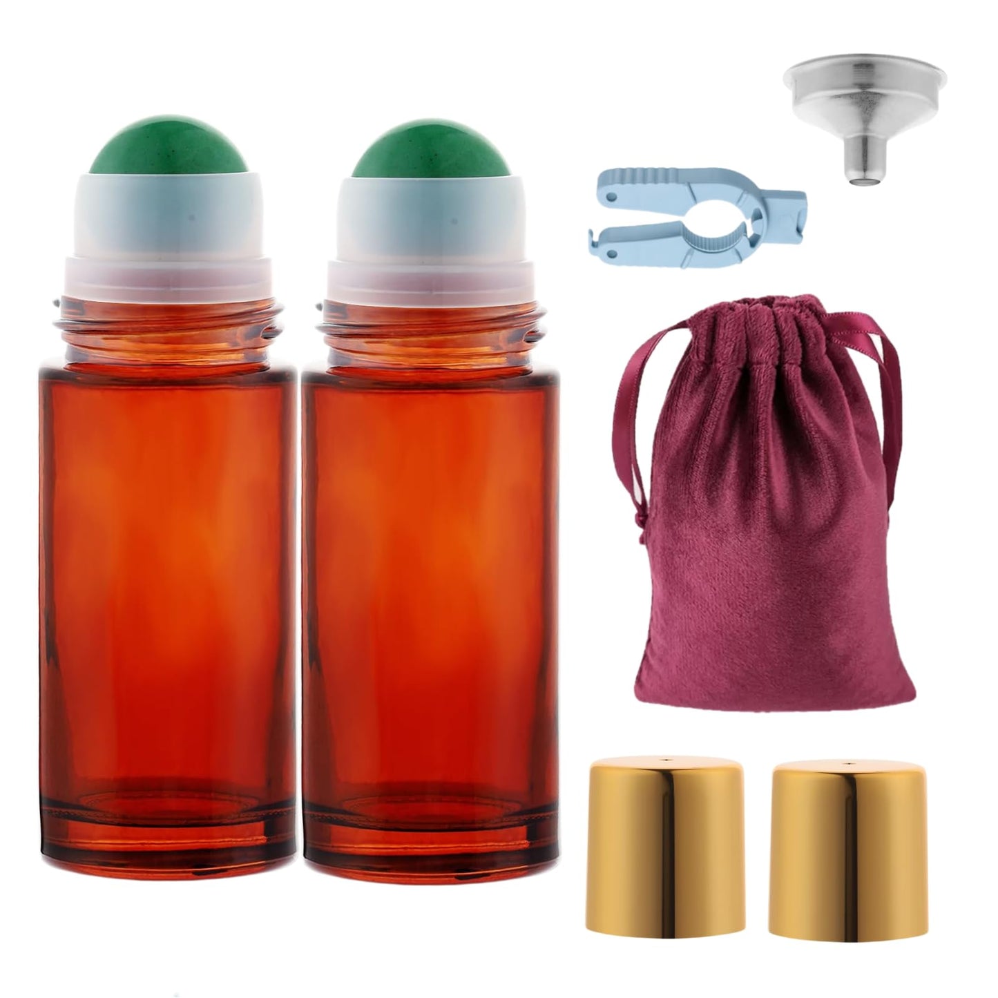 Roller Ball Applicator,Rose Quartz Roller Bottle,50ml Refillable Amber Glass Roll On Bottles with Natural Crystal Roller Balls,Leak-Proof Travel Perfume Bottle with Gold Caps (2Green)