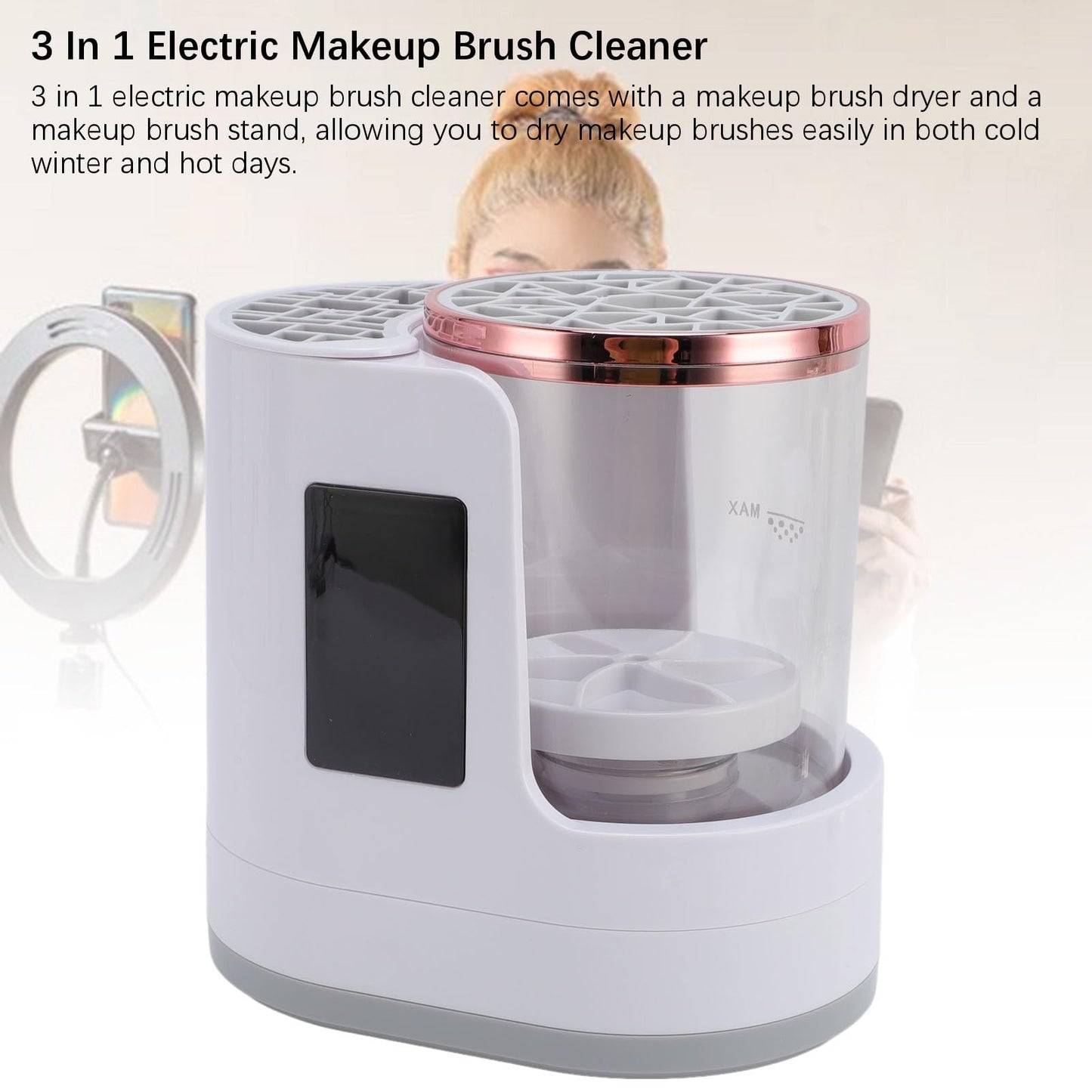 LUCKDANO 3 in 1 Electric Makeup Brush Cleaner, Automatic Makeup Brush Washer with High Speed Rotating Water Flow and Drying Stand, for Home Cosmetic Brush Cleaning