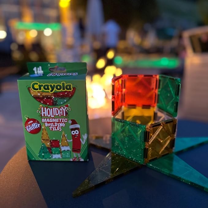 CreateOn Crayola Holiday Glitter Magnetic Tiles, Building Set for Kids, Magnetic Building Toys for Kids, STEM Travel Toys for Boys and Girls Ages 3+, 14-Piece Set (Holiday Glitter)
