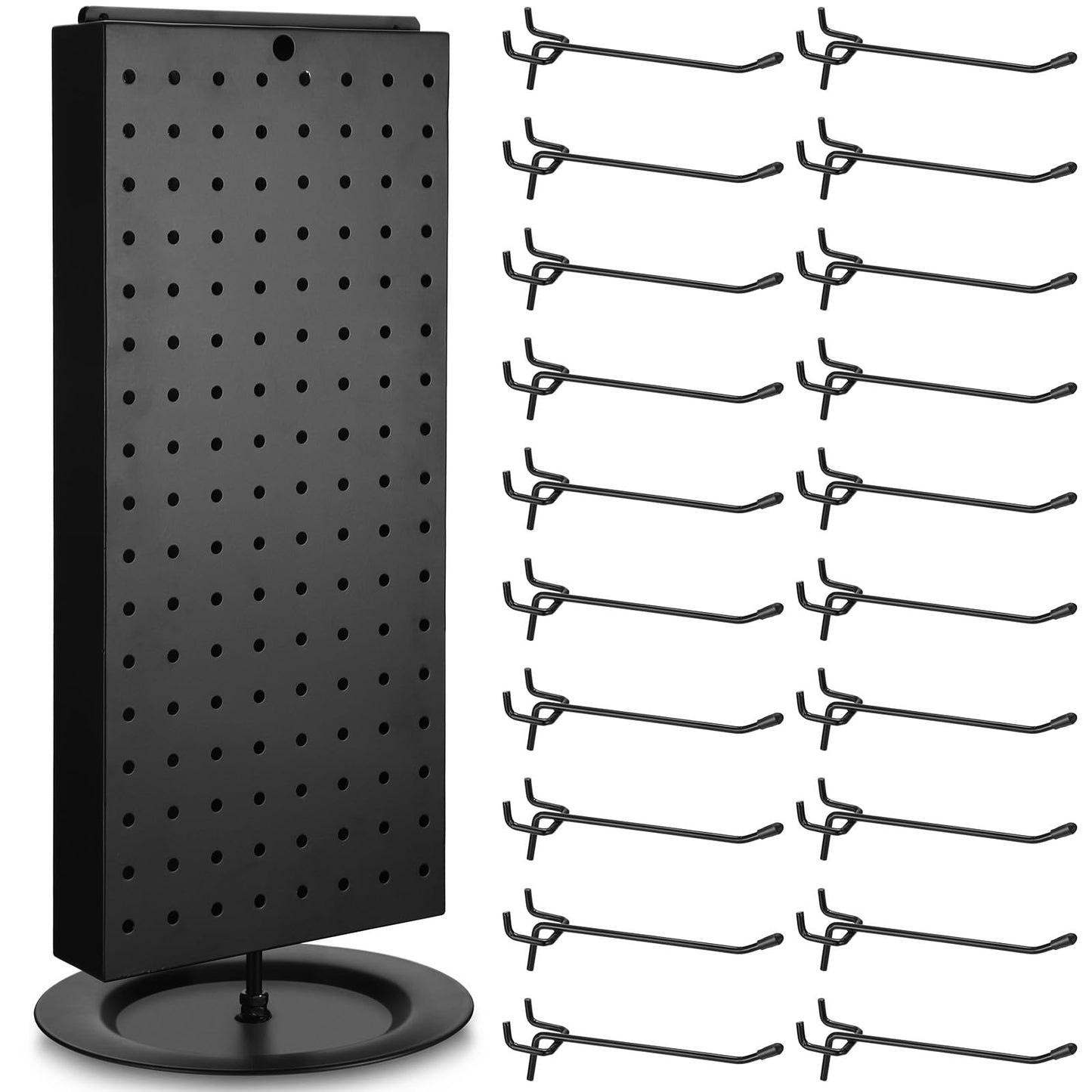 Leinuosen Rotating Display Stand Revolving Black Pegboard Counter Unit 8'' W 20.67'' H 2 Sided Pegboard Display Stand Rack Organizer with 20 Pcs 4'' Hooks for Jewelry Vendor Craft Shows Retail Counter