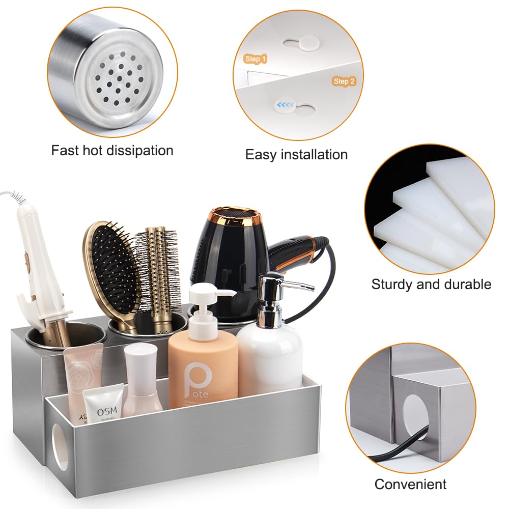 GFWARE Hair Tool Organizer - Bathroom Vanity Organizers and Storage, Hair Styling Accessories Hot Tools Organizer Hair Dryer, Blow Dryer, Curling Iron, Flat Iron, Hair Straightener, Silver