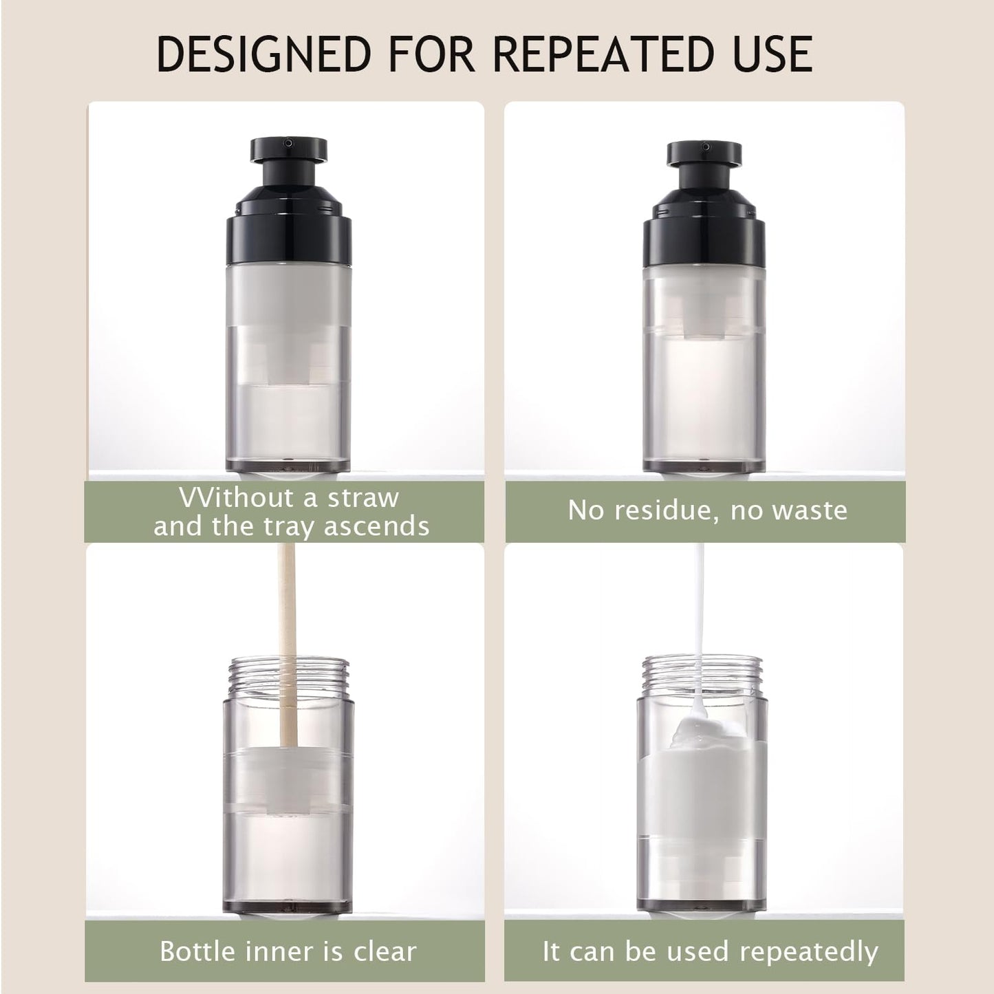 XQNCBY 4 Pack 1.7oz / 50ml Airless Pump Bottles for Travel: Wide Caliber Vacuum Lotion Dispenser with Clear Organizer Case, Leakproof Refillable Cosmetic Containers for Skincare, Serum, Foundation