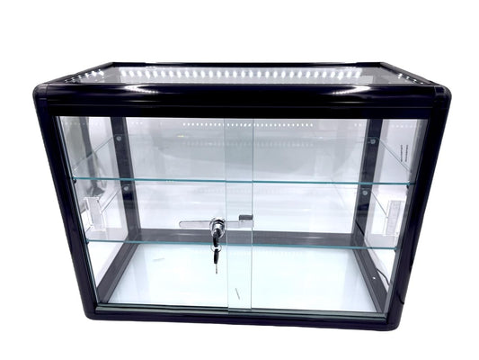 Only Garment Racks Elegant Black Aluminum Display Table Top Tempered Glass Show Case. Sliding Glass Doors with Lock