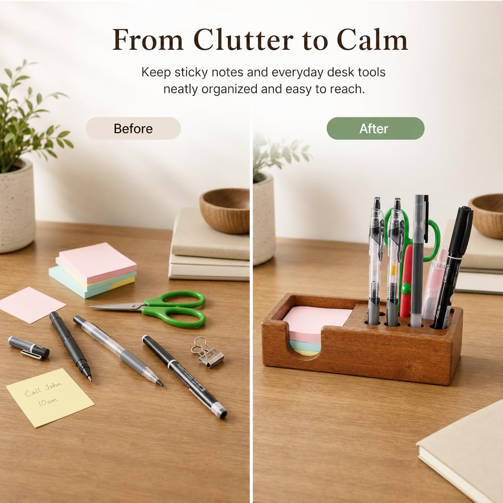 RiLiKar Wood Pencil Holder Pen Display Stand 3x3 Inch Sticky Note Holder