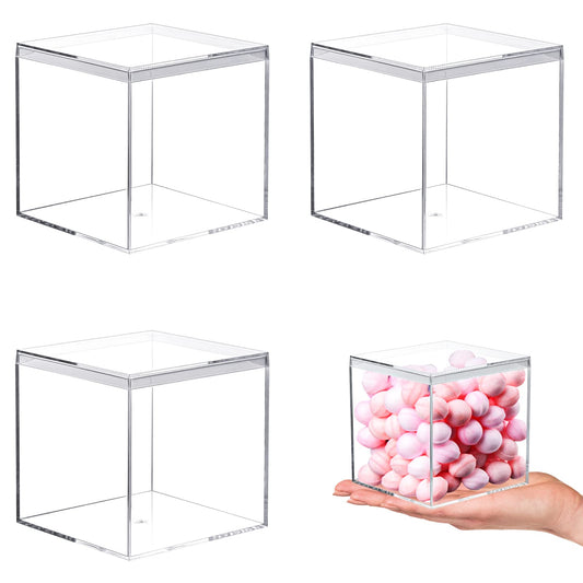 Kamehame Acrylic Boxes for Display 3 Pack Clear Plastic Square Cube, 3.3x3.3x3.3Inch/85x85x85mm Small Acrylic Box with Lid, Candy Pill and Tiny Jewelry Storage Boxes Organize Containers