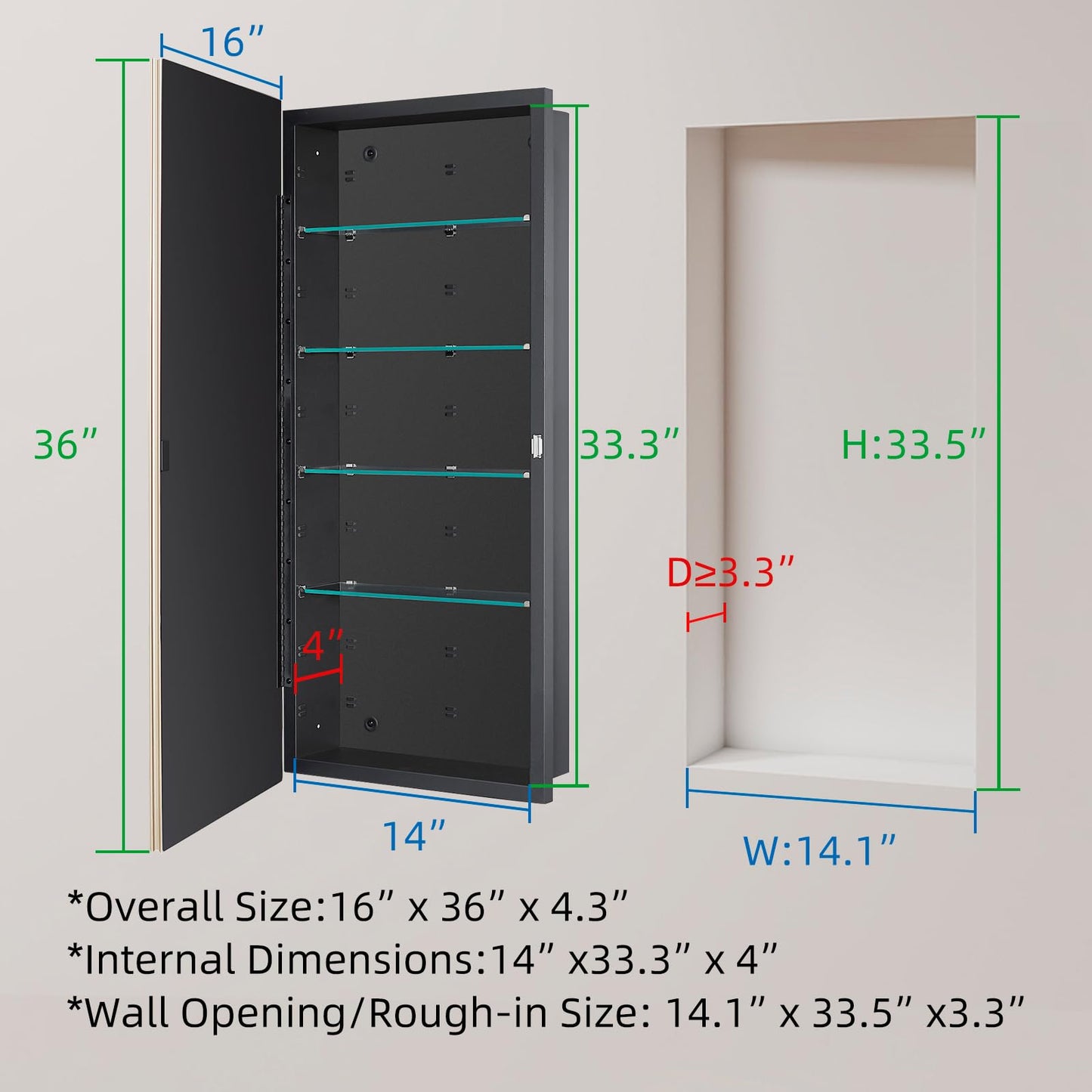 IDYLLOR Black Medicine Cabinet with 16x36 Inch Gold Frame Mirrored Door, Wall Mounted Storage, Recessed or Surface Mount, 4 Adjustable Glass Shelves, Vanity Organizer for Bathroom, Bedroom, Hallway