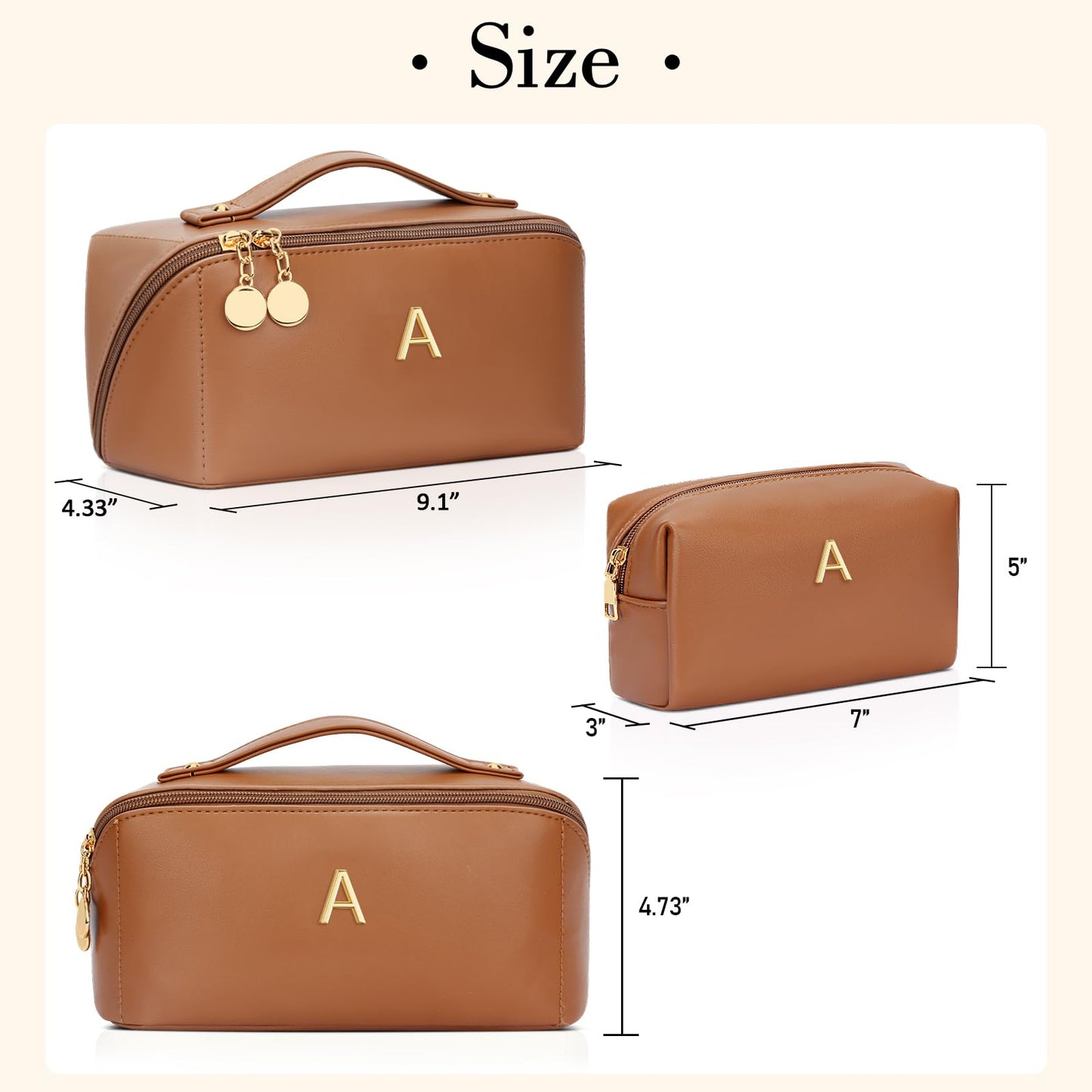 CLOUDWINGS Birthday Gifts for Women Teen Girl, Personalized Initial Makeup Organizer Bag Set, Open Flat Travel Cosmetic Bag With Clear Divider and Handle(Brown,A)