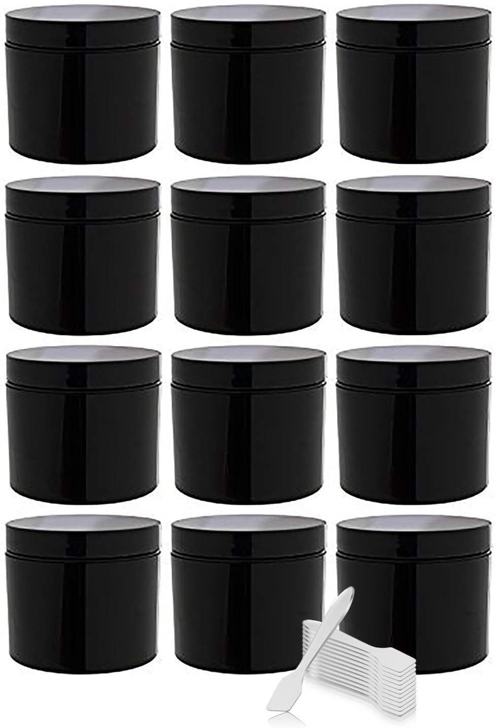 (12 Pack) 2 oz Black Double Wall Plastic Jar with Airtight Lined Lid + Spatulas
