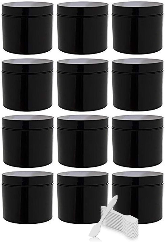(12 Pack) 2 oz Black Double Wall Plastic Jar with Airtight Lined Lid + Spatulas