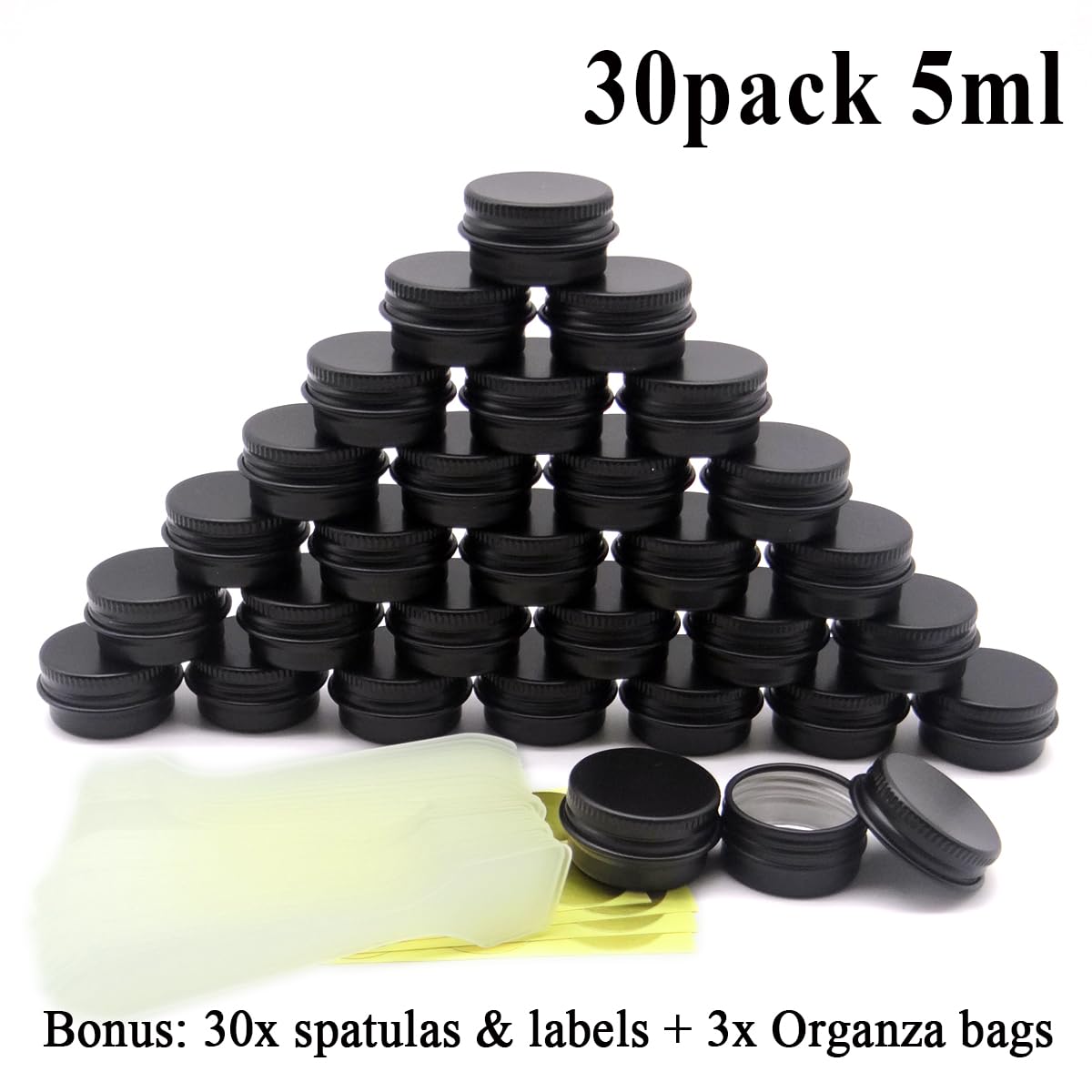 Wopanxye 30 pack 5 ml Black Lip Balm Tin Cans, 5g Mini Aluminum Makeup Sample Containers with Screw Lid, Empty Metal Tins Pot Storage Travel Jars for Cosmetic, Cream, Candle, Tea, 5 Gram Small Tins