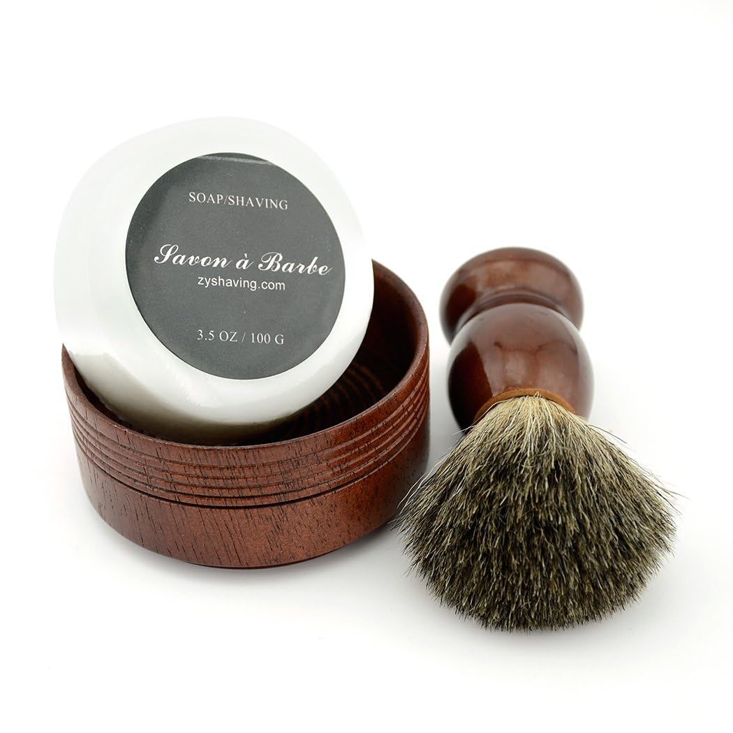 Grandslam Pure Badger Hair Shaving Brush Natural Wood Mug Bowl Hand-Made Soap Barber Set
