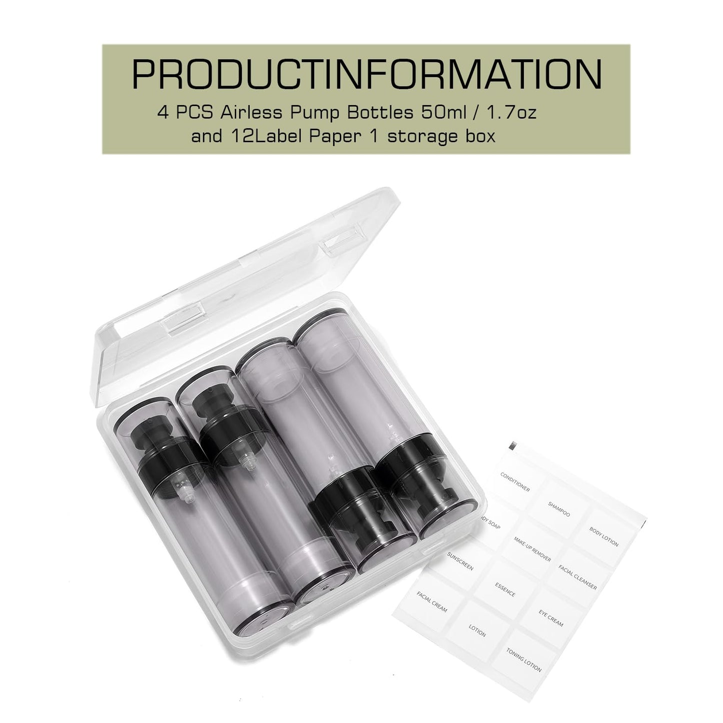 XQNCBY 4 Pack 1.7oz / 50ml Airless Pump Bottles for Travel: Wide Caliber Vacuum Lotion Dispenser with Clear Organizer Case, Leakproof Refillable Cosmetic Containers for Skincare, Serum, Foundation