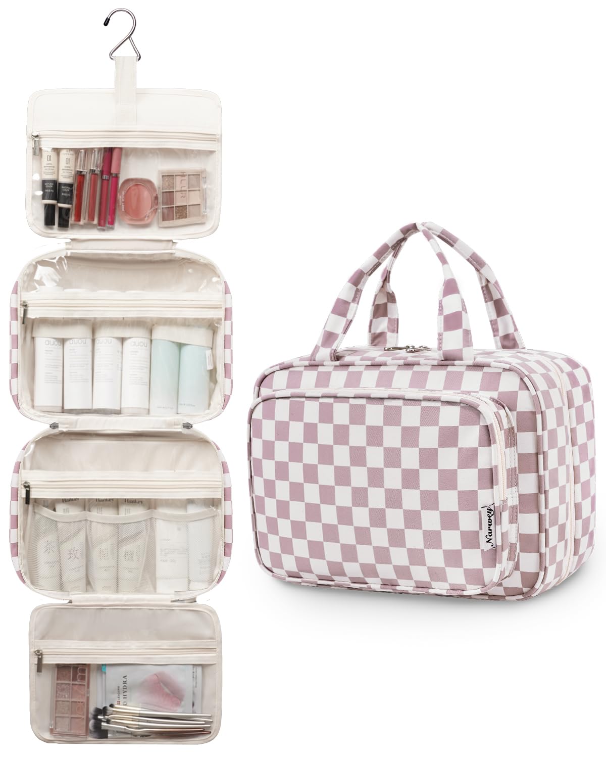 Narwey Travel Toiletry Bag for Women Large Hanging Makeup Bag Organizer Toiletries Bag for Full Size Essentials Accessories Cosmetics (Dusty Pink Checkerboard (Large))