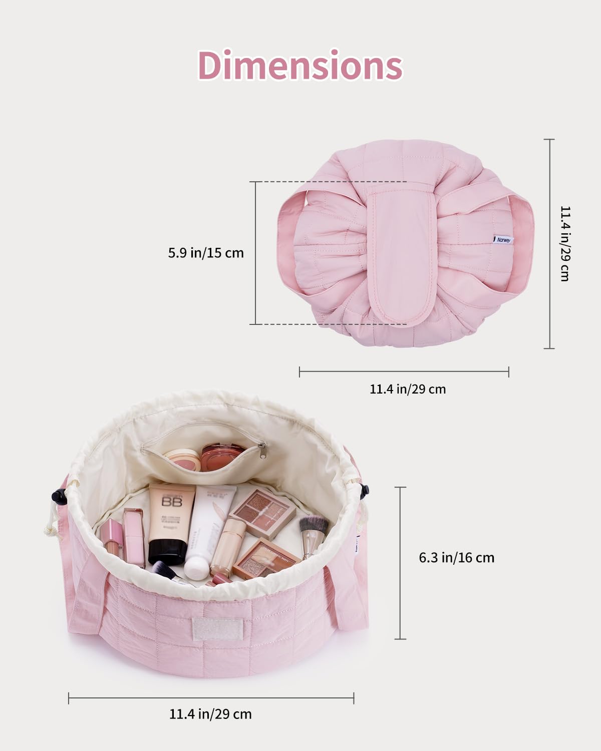 Narwey Lay Flat Open Drawstring Puffer Makeup Bag, Large Quilted Cosmetic Bag for Women Girls, Cute Make up Bags with Handle, Travel Toiletry Bag for Skincare, Brushes & Travel Essentials (Pink)