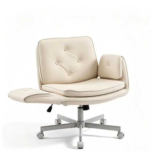 MOJAY Criss Cross Chair, Vanity Chair, Pretty Fancy Desk Chair, Cross Legged Office Chair for Girls, 360°Swivel Height Adjustable Reception Chair (Beige PU)
