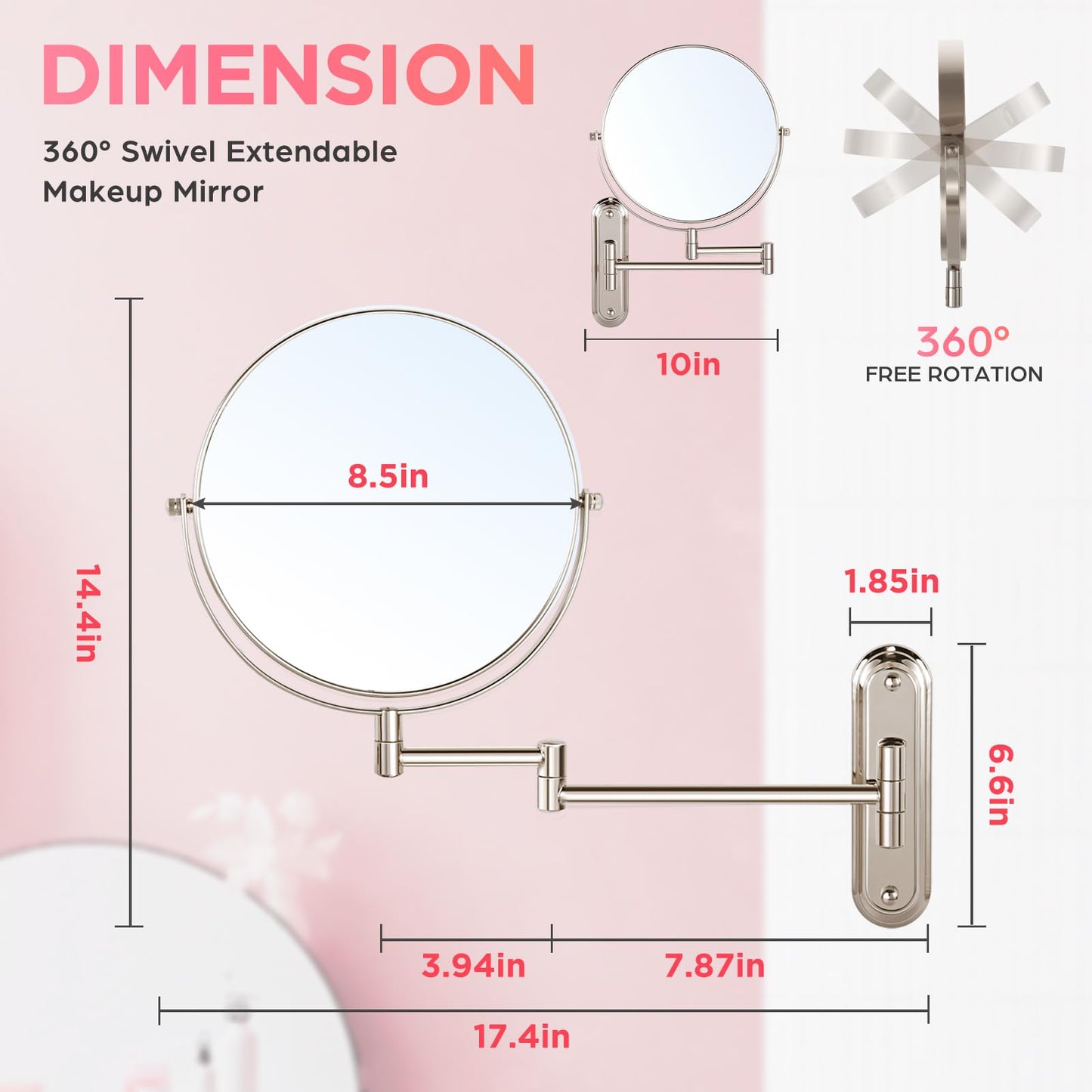 VORREMIRR Wall Mounted Makeup Mirror, 15X/1X Double Sided Magnifying Mirror, 8.5 Inch Round, Brushed Nickel, Modern Style, Space Theme, 13" L x 11" W