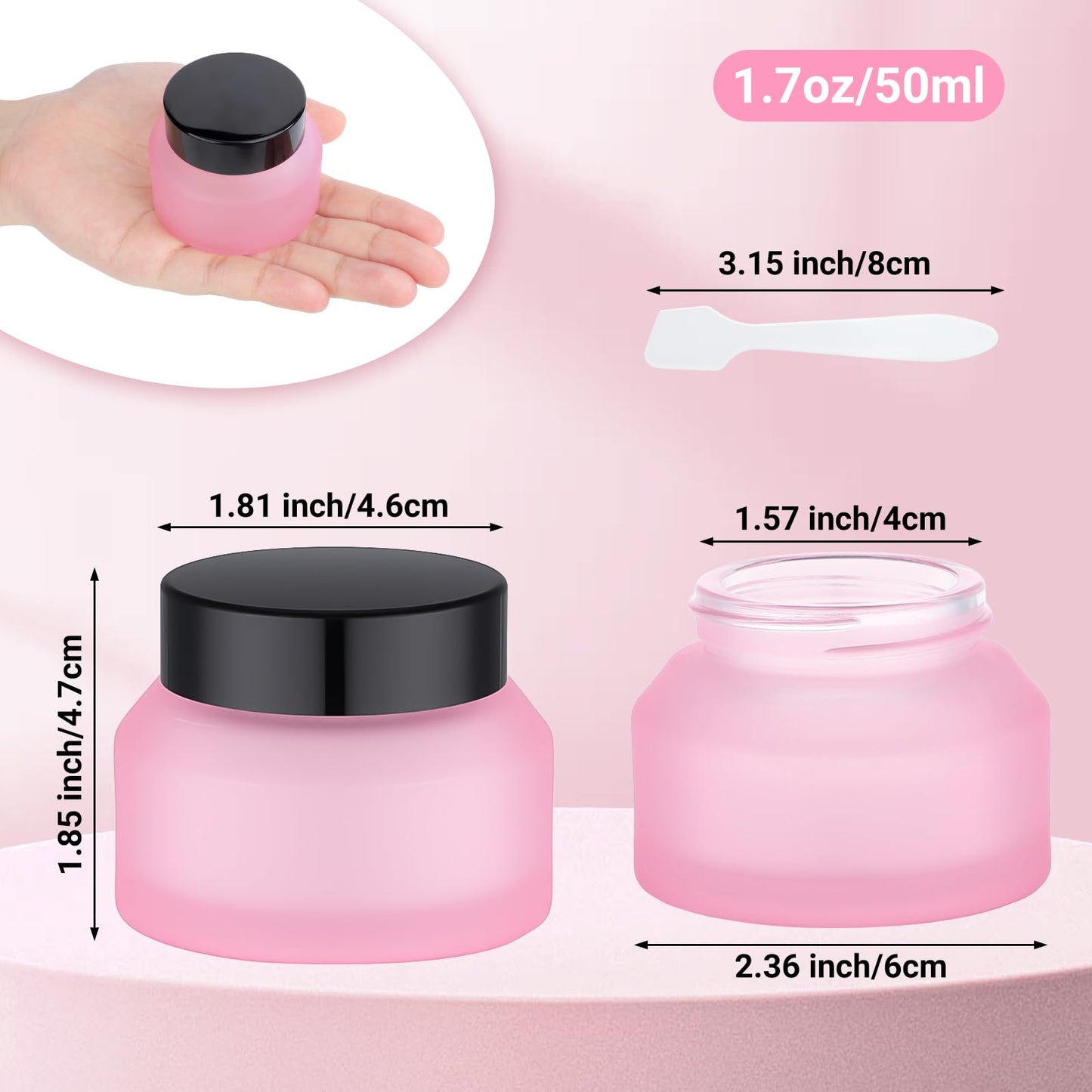 Segbeauty 1.7oz Small Frosted Glass Containers with Lids, Small Refillable Glass Jar for Lotion Cream Jars with Lids, Pink Travel Size Containers 4pcs 50ml, Empty Travel Size Bottles Jar with Spatulas