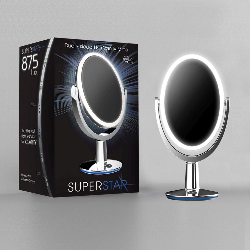 RENEWLAB BY BIOMAX Superstar Oval Shaped Dual-Sided Lighted Makeup Mirror, 1X/5X Magnifying Vanity Makeup Mirror, 360 Degree Rotating Adjustable Brightness Mirror, Brushed Nickel