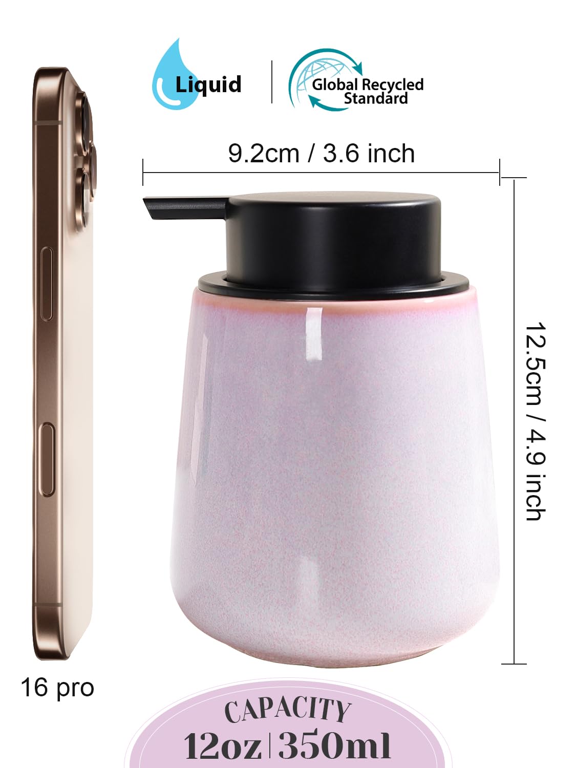 INGOFIN Ceramic Lotion Dispenser - 12 oz Hand Soap Dispenser Bathroom, Modern Liquid Dispenser with Pump, Refillable Dish Soap Bottle for Kitchen -Purple and Pink