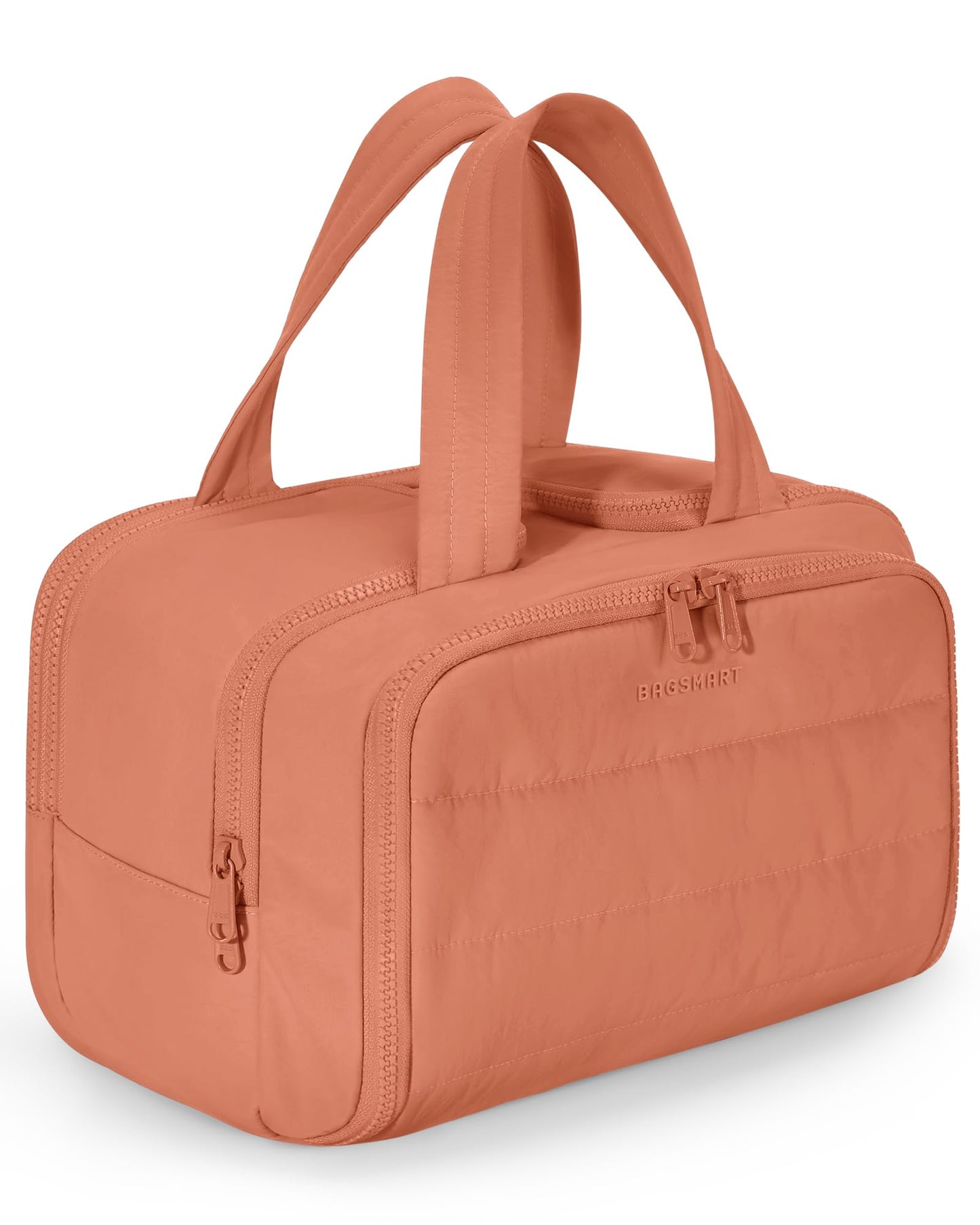 BAGSMART Travel Toiletry Bag, Crush Toiletry Bag for Women, Wide-open Puffy Toiletry Bags for Traveling, Large Travel Cosmetic Makeup Bag Organizer for Accessories,Toiletrie (Orange)