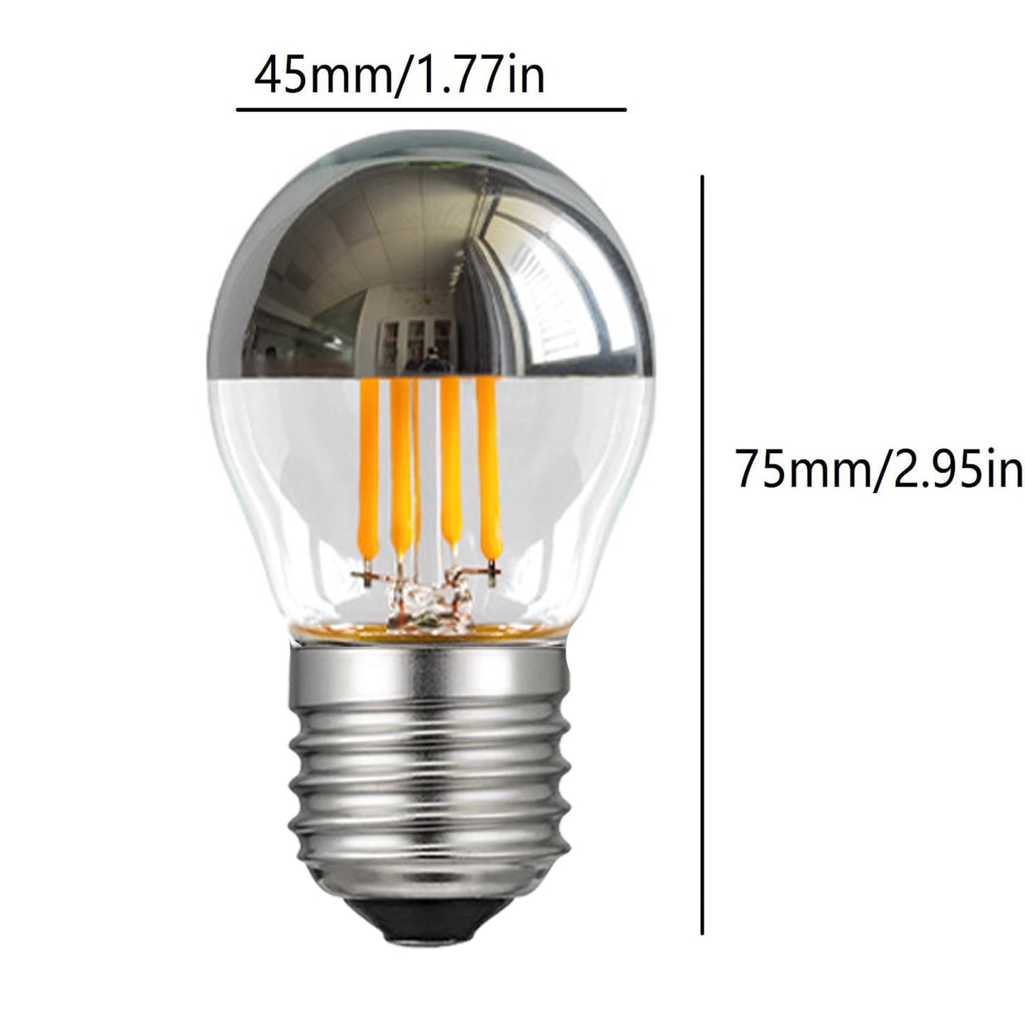 G45 G14 Half Chrome Light Bulb 4W Dimmable G45 Globe Silver Mirror Reflected Light 40W Equivalent Warm White 2700K Silver Tipped Mirror Light Bulb E26 Base Decorative LED Edison Bulb, 6 Pack