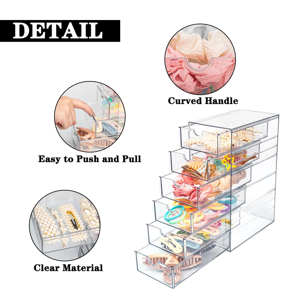 Clear Hair Accessories Organizer Box with 6 Layers, Acrylic Stackable Storage Drawers for Hair Ties, Claw Clips, Bow Holder for Girls, Vanity Makeup Organizer, Bathroom or Desk Countertop Container