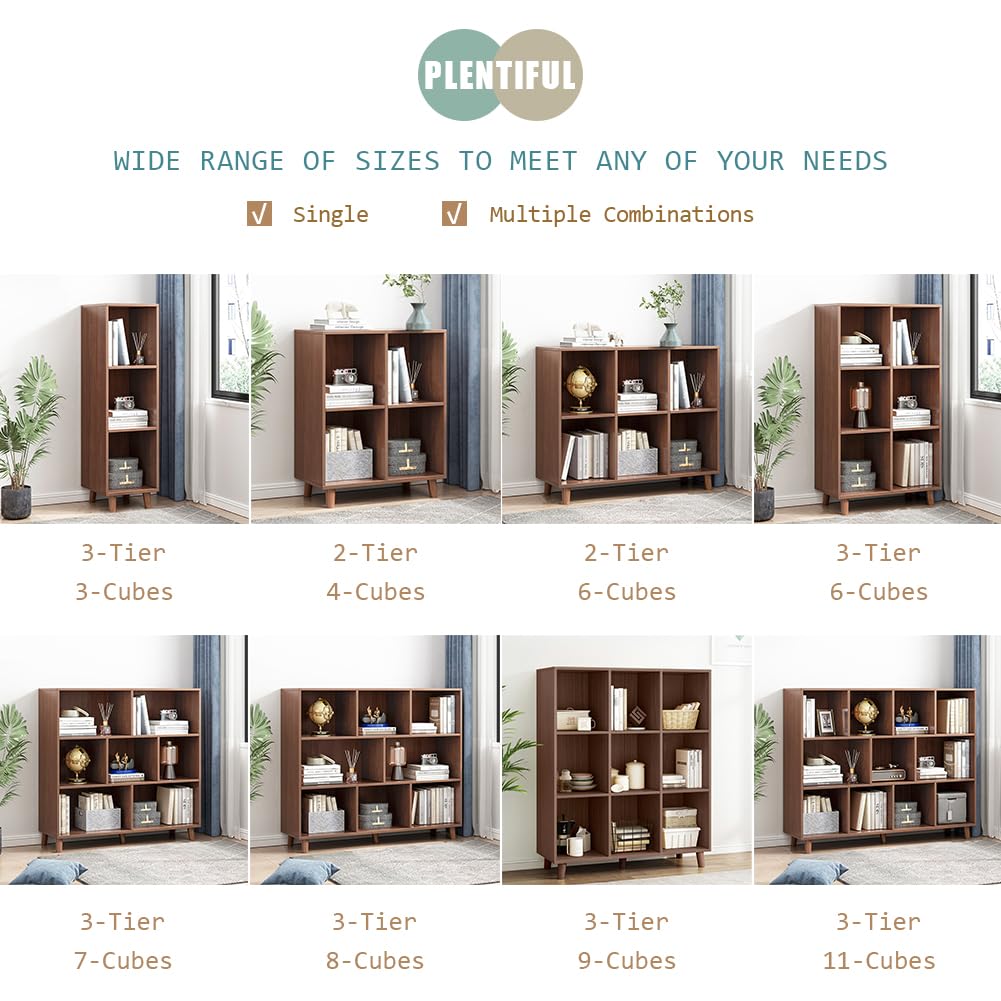 IOTXY Freestanding Open Cubes Bookcase - 2-Tier Floor Standing Wooden Storage Display Cabinet Organizer with Legs for Home Office, 6-Cubes Open Shelf Low Short Bookshelf, Walnut