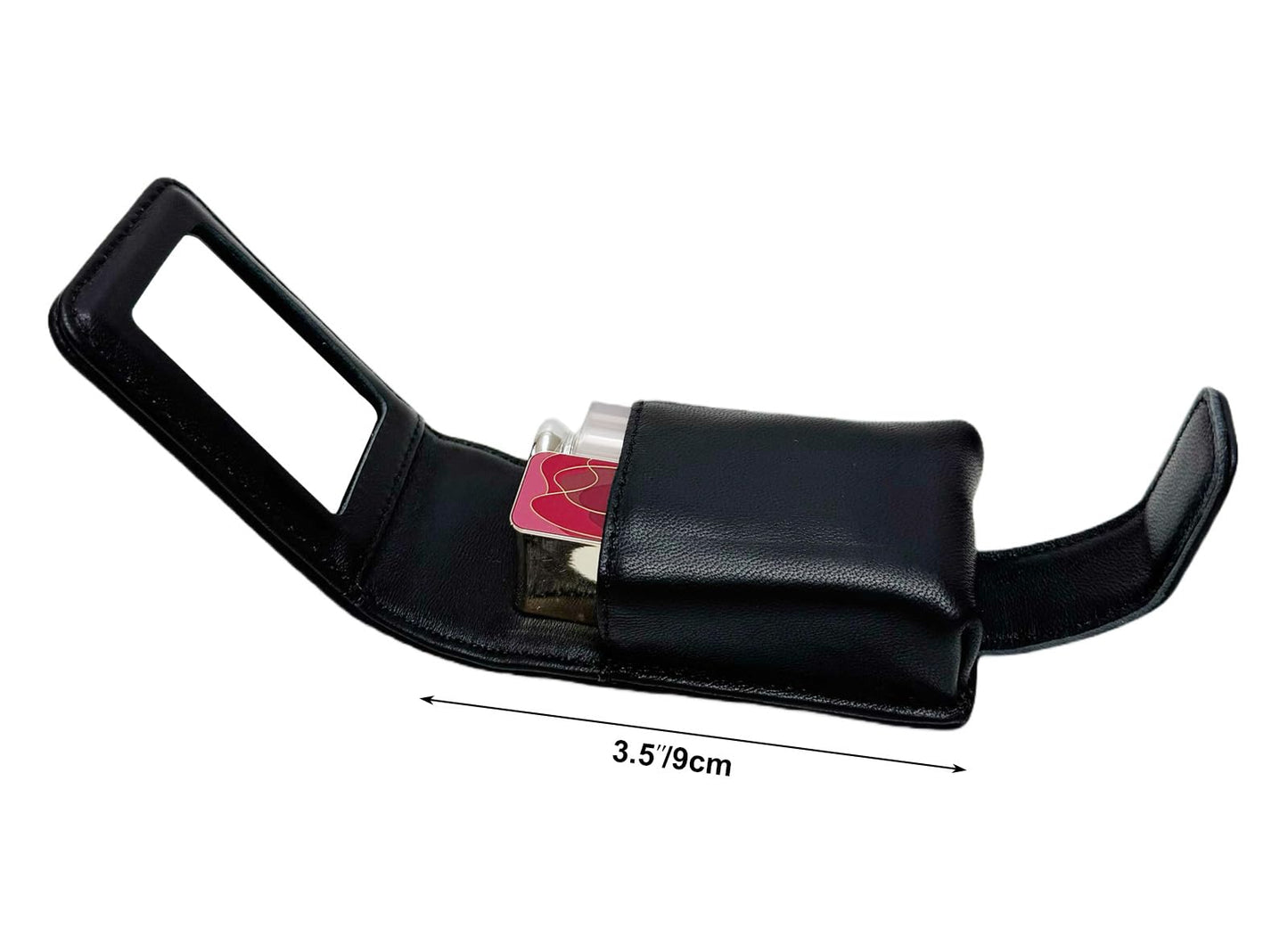 AgentMoon Handheld Lipstick Pouch with Mirror,Genuine Leather Lip Balm Case with Clamshell Magnetic Hidden Clasp.Portable Travel Cosmetic Case for Women Gift. 4.1x2.3x1.8 inches (Black)