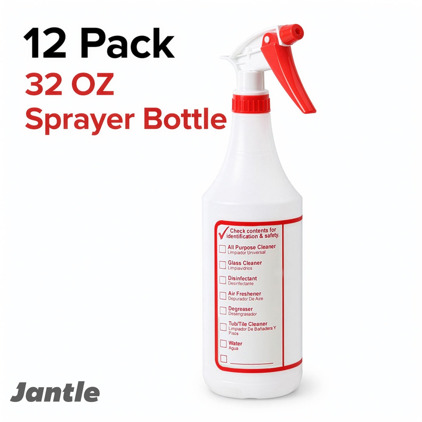 Jantle 32 oz Spray Bottles (12 Pack) Heavy Duty Refillable Trigger Sprayer, Adjustable Nozzle Mist/Stream, Measurement Markings, Multipurpose Cleaning & Plants