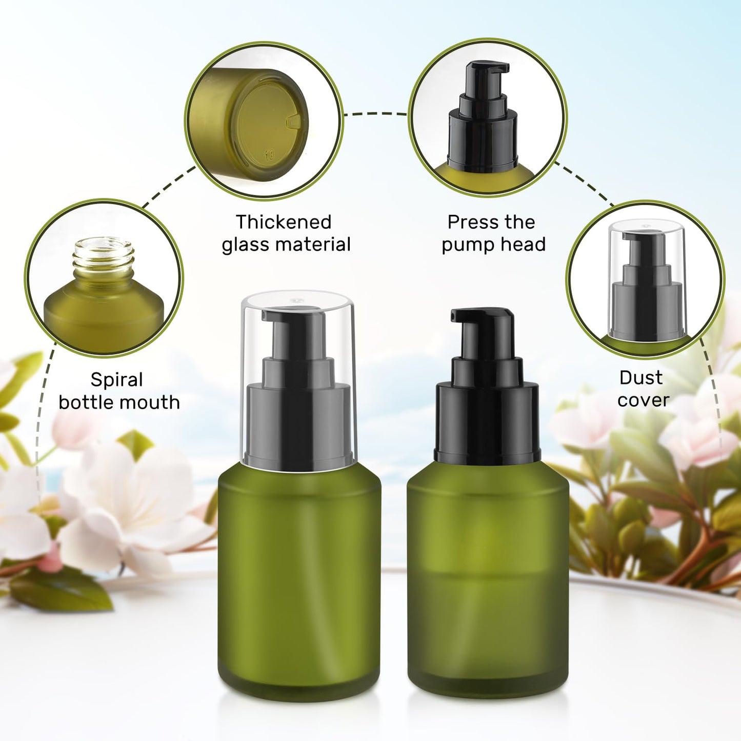 BOSMIOW 5 Pieces 60ml/2oz Empty Green Glass Lotion Pump Bottles,Refillable Essential Oil Jars with 1 Funnel and 1 Pipette,Cosmetic Sample Containers for Foundation,Cream,Gel,Shampoo